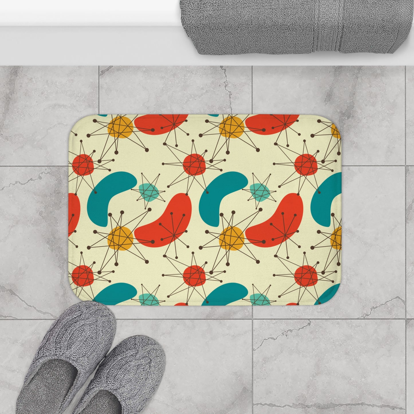 Retro Atomic Boomerang 50s 60s Mid Century Modern Blue & Orange Bath Mat