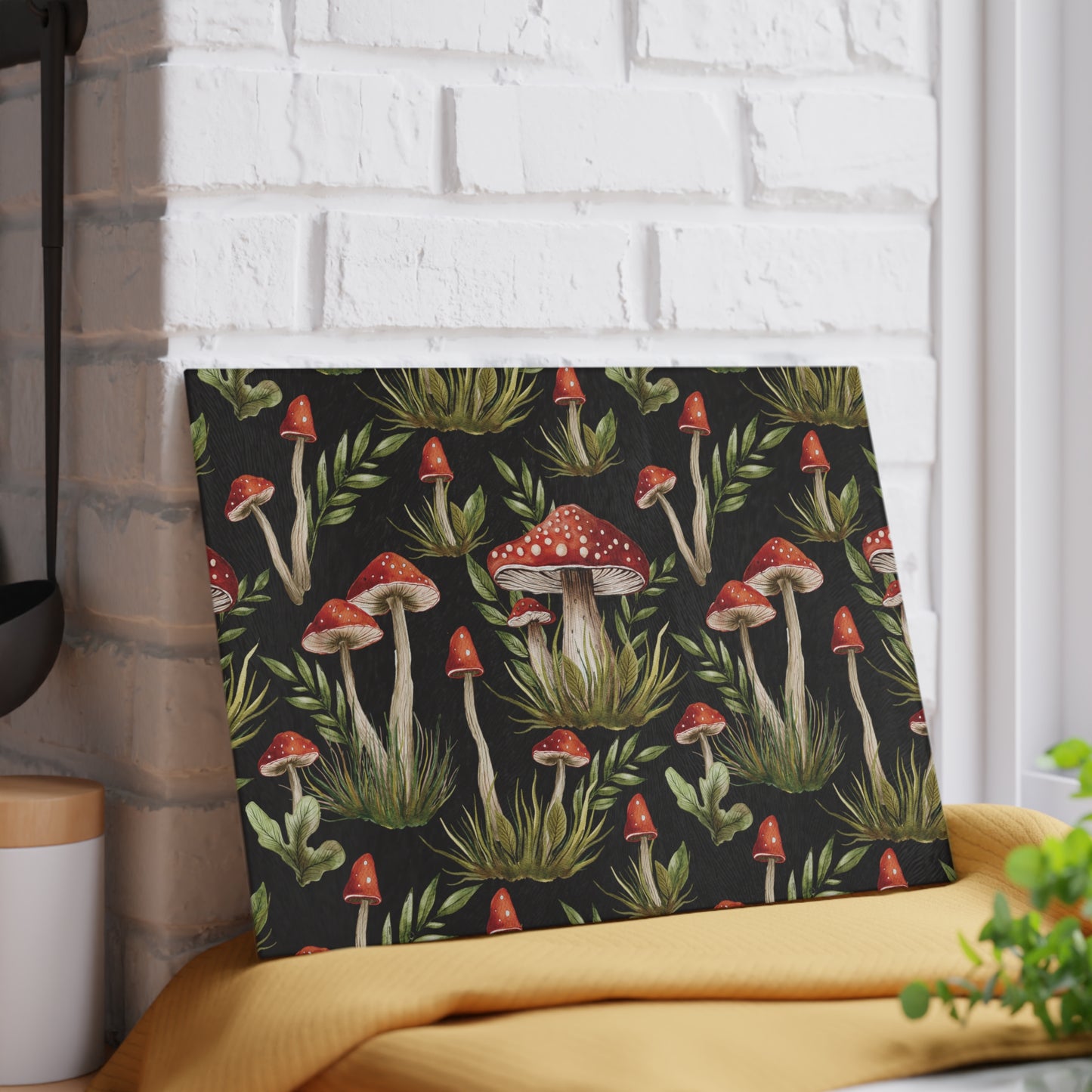 Amanita Muscaria Mushroom, Boho Dark Cottagecore Watercolor Black, Red & Green Glass Cutting Board