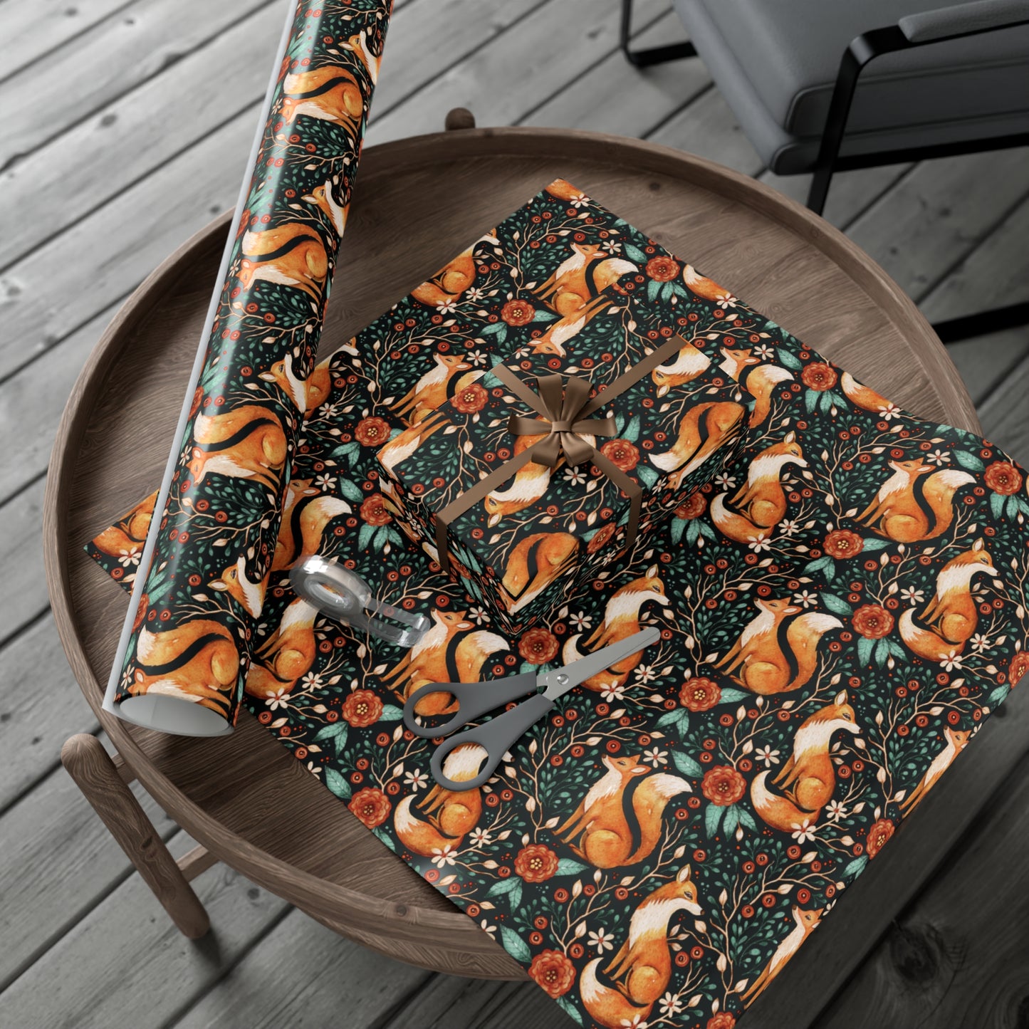 Enchanted Woodland Fox, Dark Cottagecore Watercolor Style Black Eco-Friendly Gift Wrap