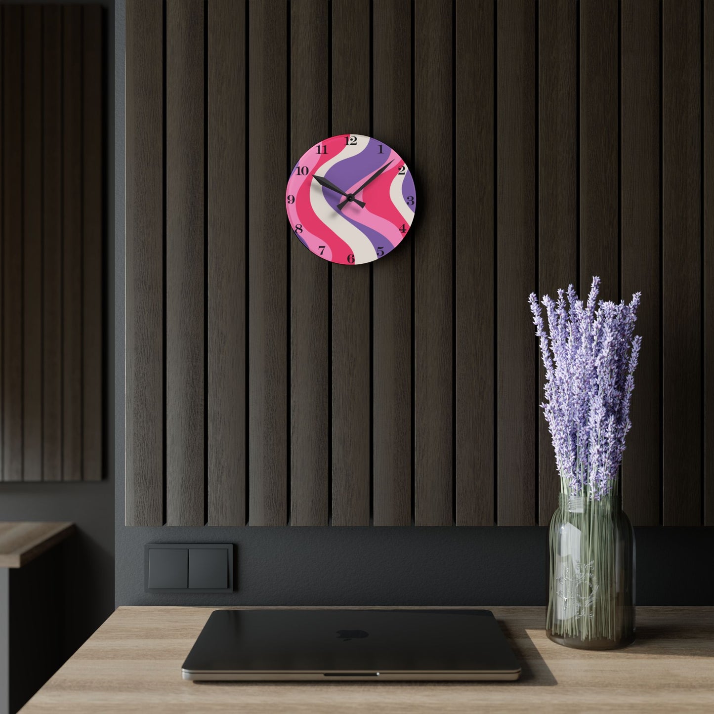 Groovy 60's Hippie Swirl Pink & Purple Mid Century Mod Acrylic Wall Clock