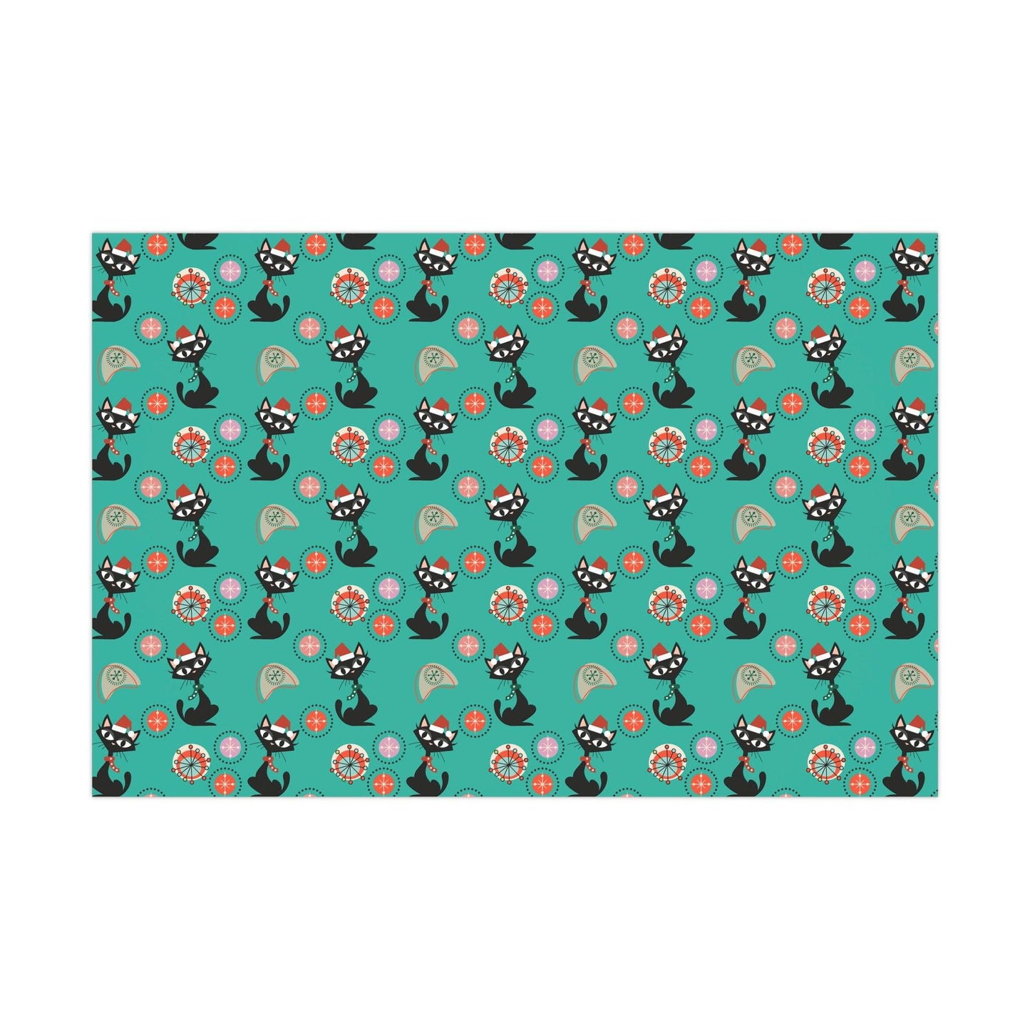 Retro 50's Atomic Cat Christmas Kitschy Mid Century Modern Teal Blue Eco-Friendly Wrapping Paper | lovevisionkarma.com