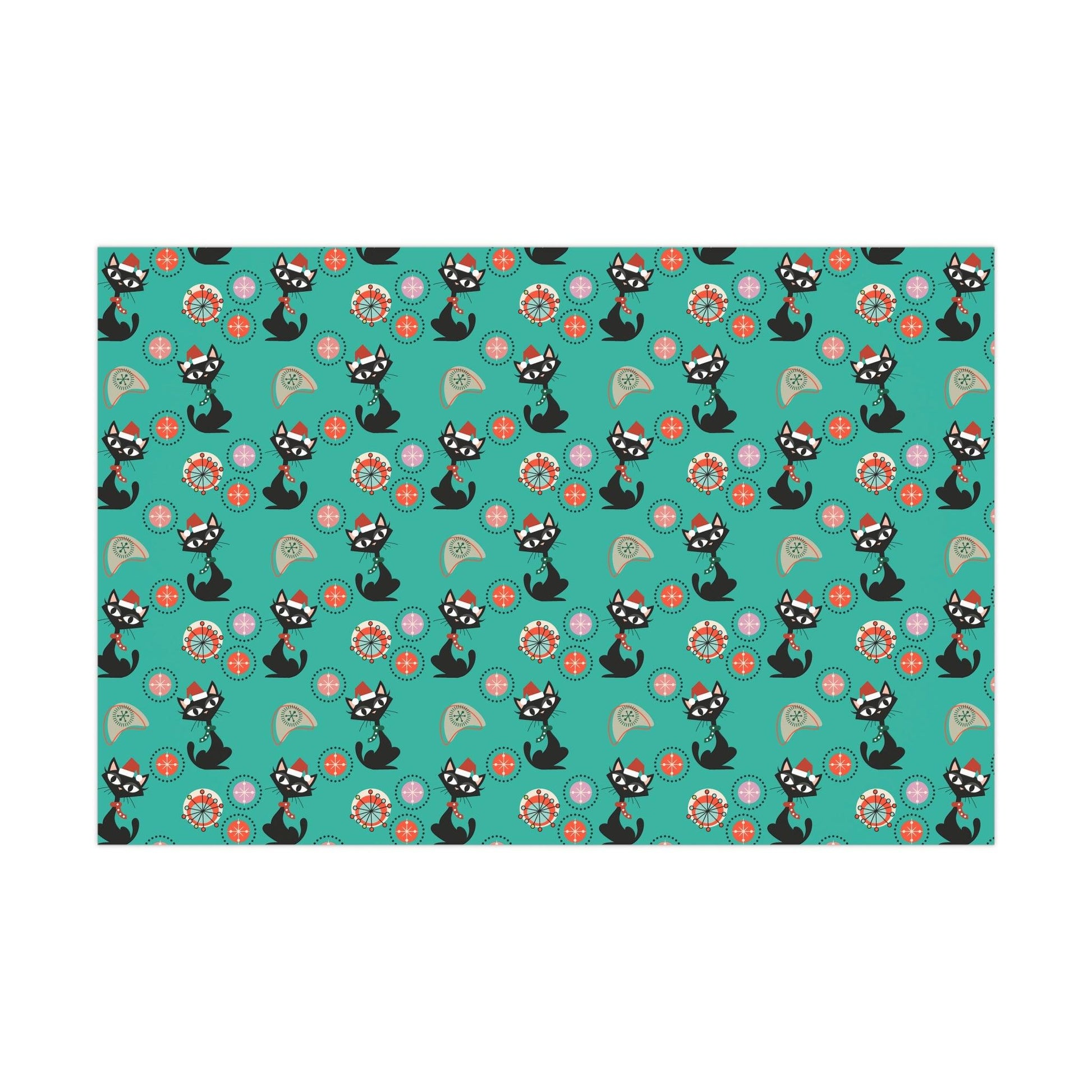 Retro 50's Atomic Cat Christmas Kitschy Mid Century Modern Teal Blue Eco-Friendly Wrapping Paper | lovevisionkarma.com