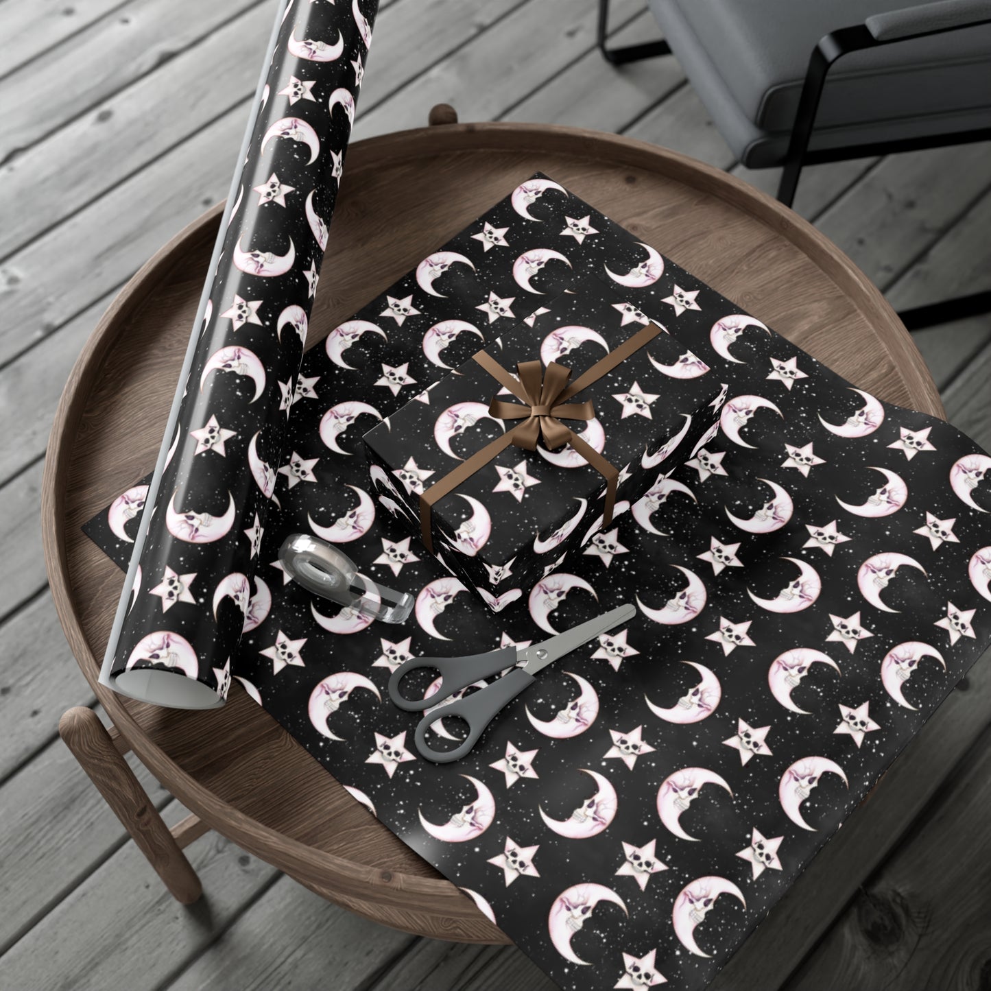 Goth Christmas Celestial Moon & Stars, Whimsical Kawaii Creepmas Black Eco-Friendly Gift Wrap
