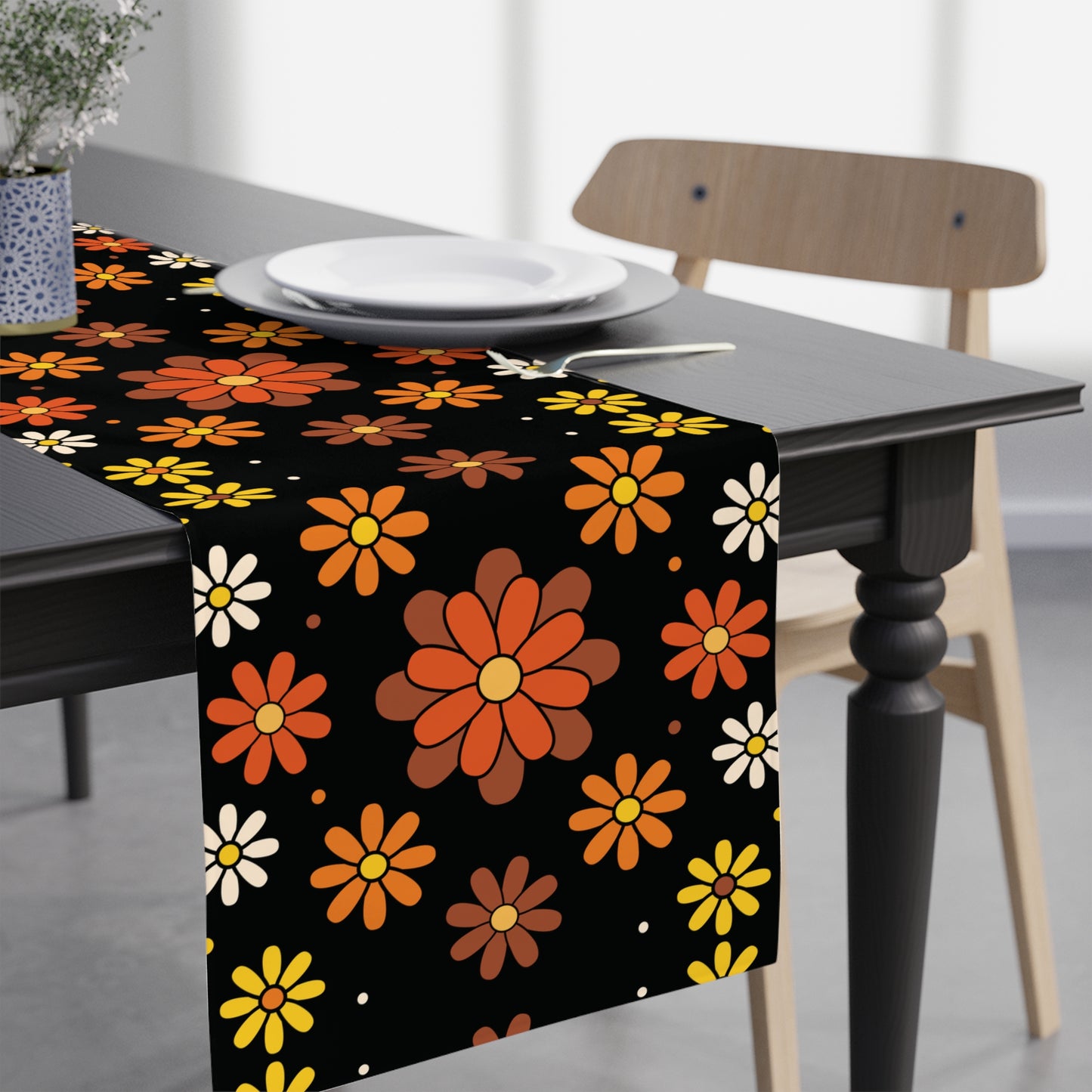 Retro 60s 70s Groovy Mod Daisy Floral Mid Century Black, Brown & Orange Table Runner