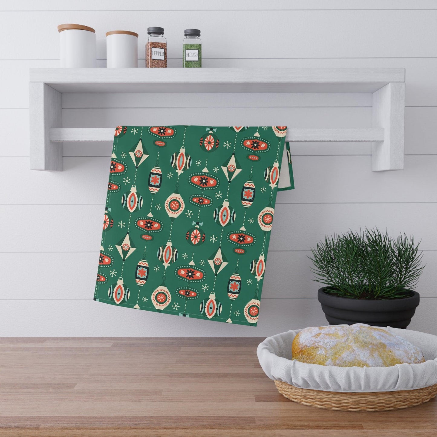 Retro 1950's Christmas Mid Century Modern Baubles & Ornaments Green Kitchen Tea Towel | lovevisionkarma.com