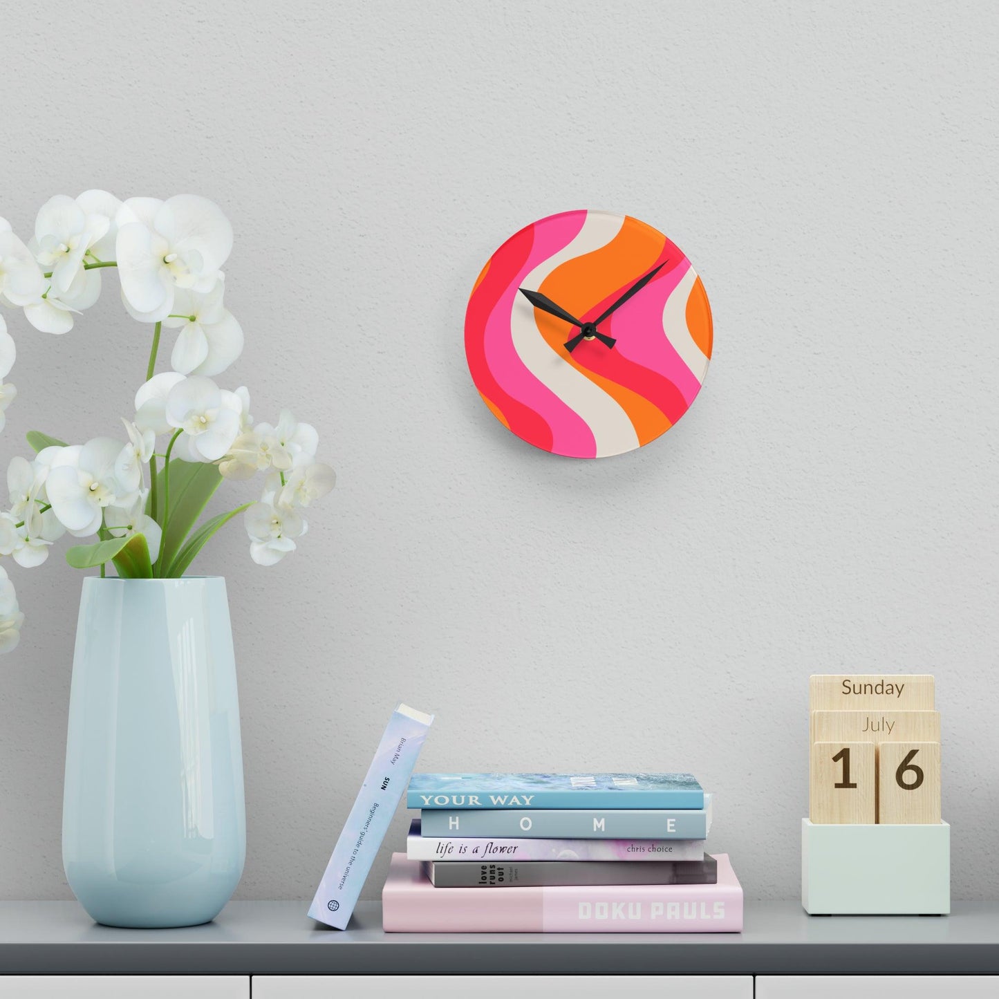 Groovy 60's Hippie Swirl Pink & Orange Mid Century Mod Acrylic Wall Clock | lovevisionkarma.com