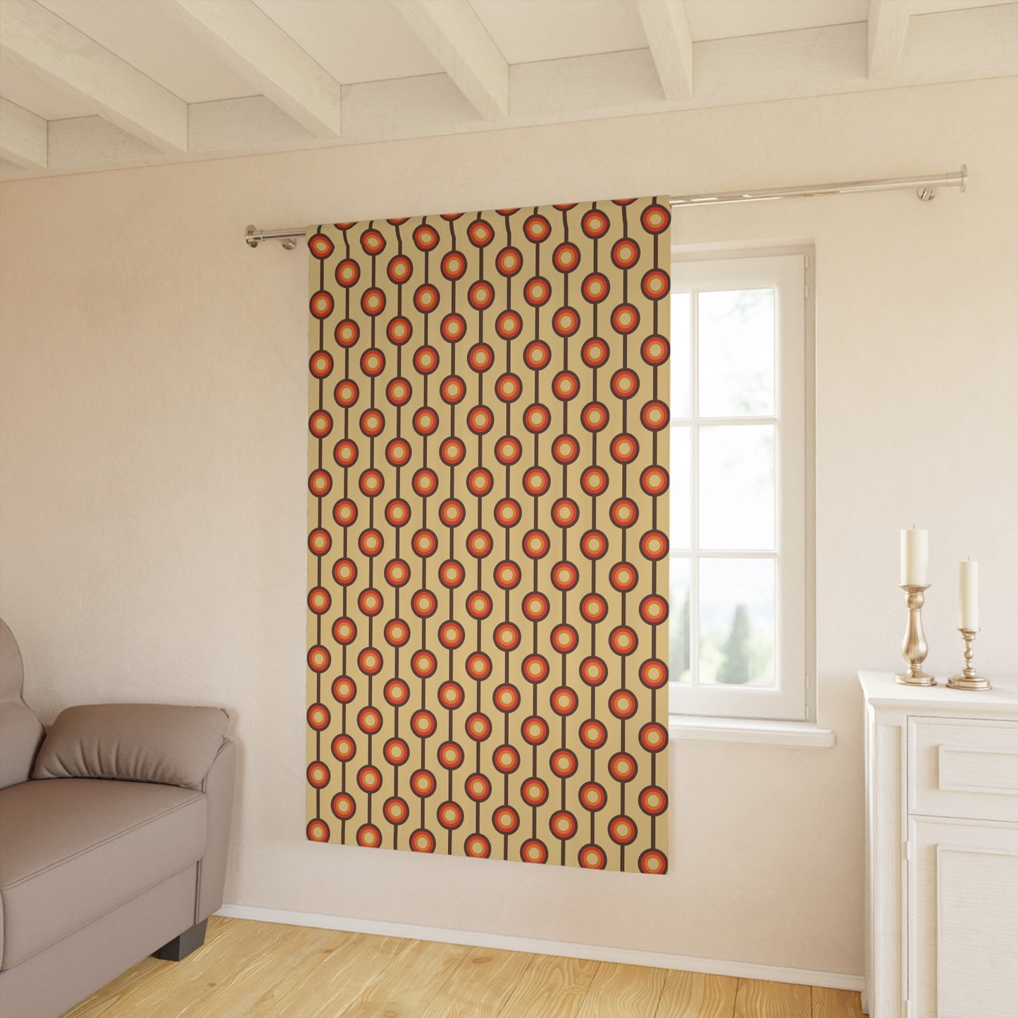 Funky 70s Retro MCM Brown, Orange & Beige Blackout Window Curtain Panel