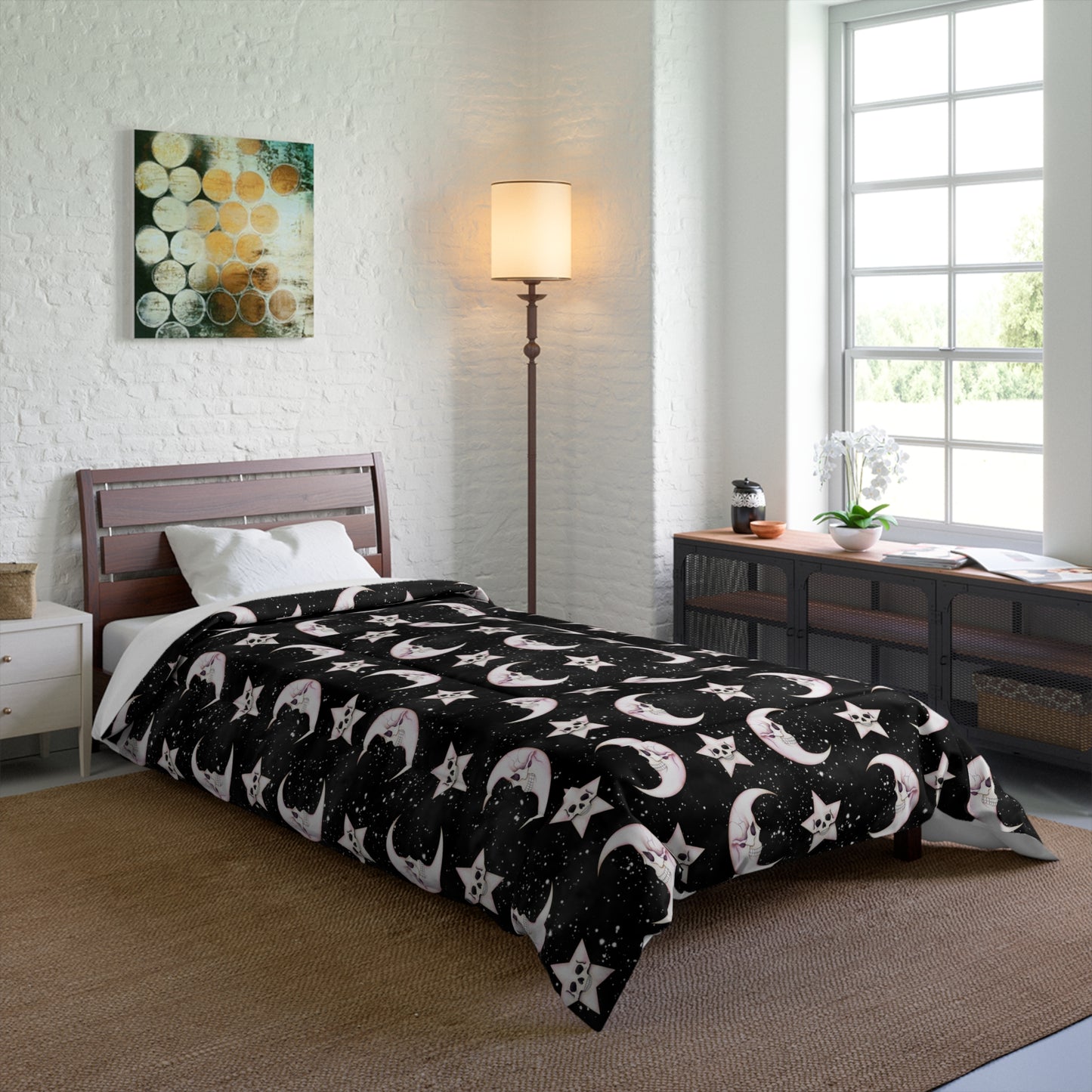 Celestial Macabre Moons and Skeletal Stars Kawaii Whimsigoth Glam Goth Black Comforter