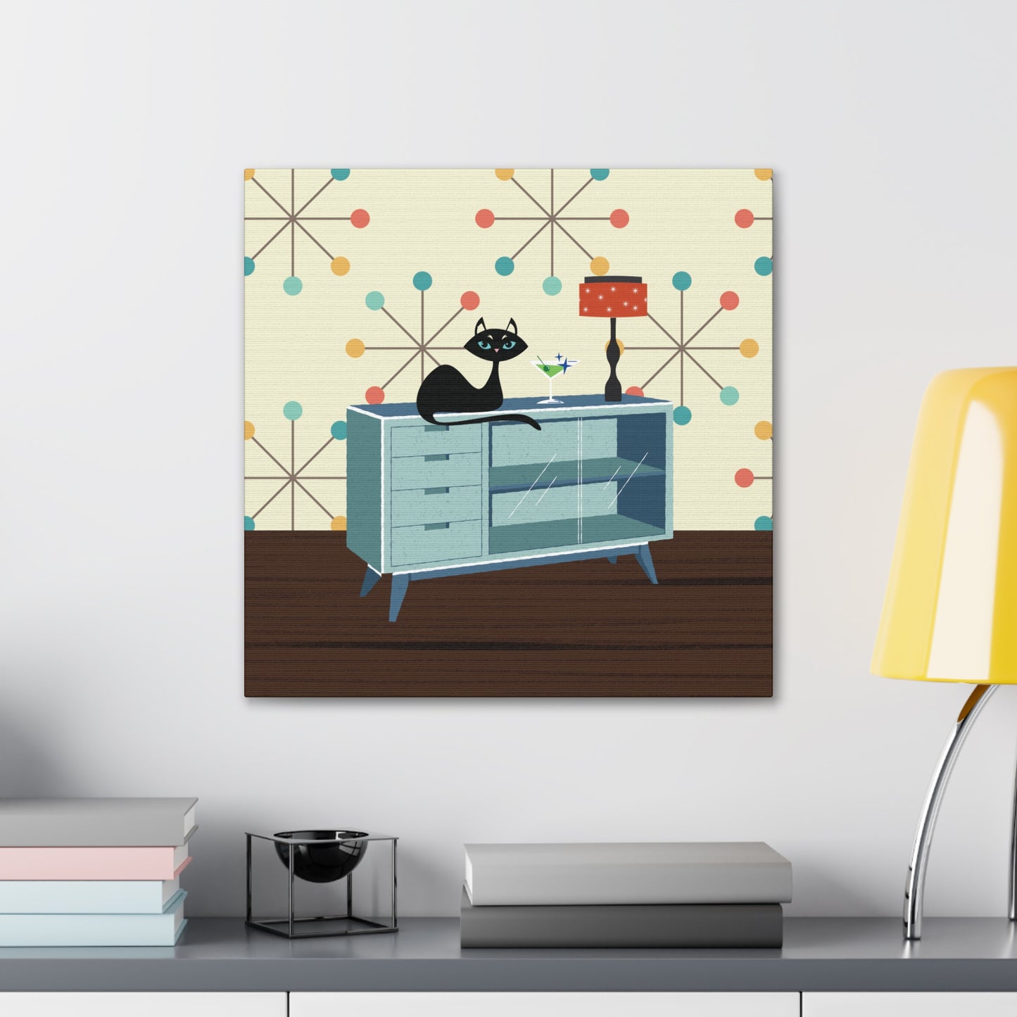 Retro 50s Atomic Cat Lounging Mid Century Mod Multicolor Canvas Gallery Wrap