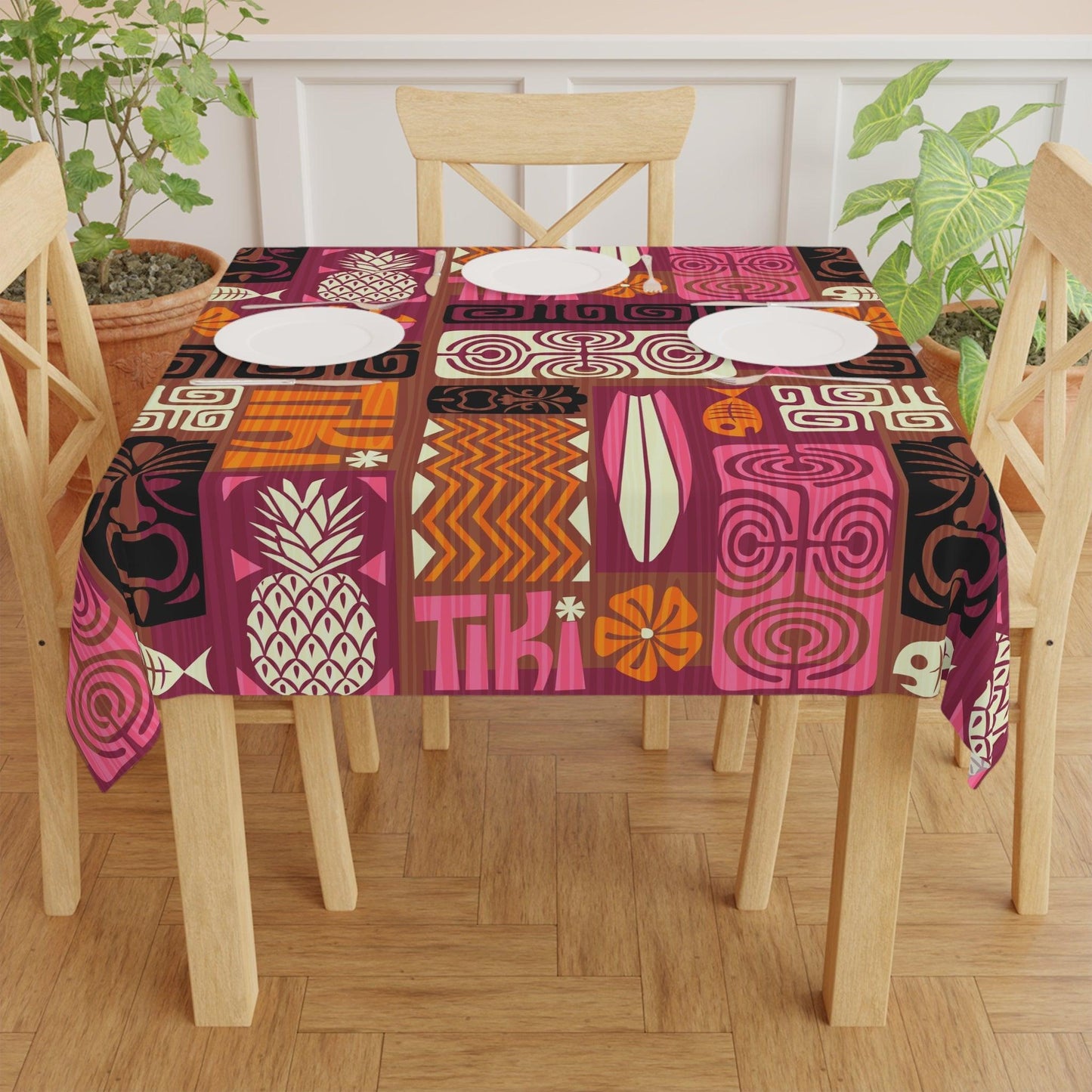 Tiki Retro 60s Mid Century Modern Orange, Brown & Pink Tablecloth | lovevisionkarma.com