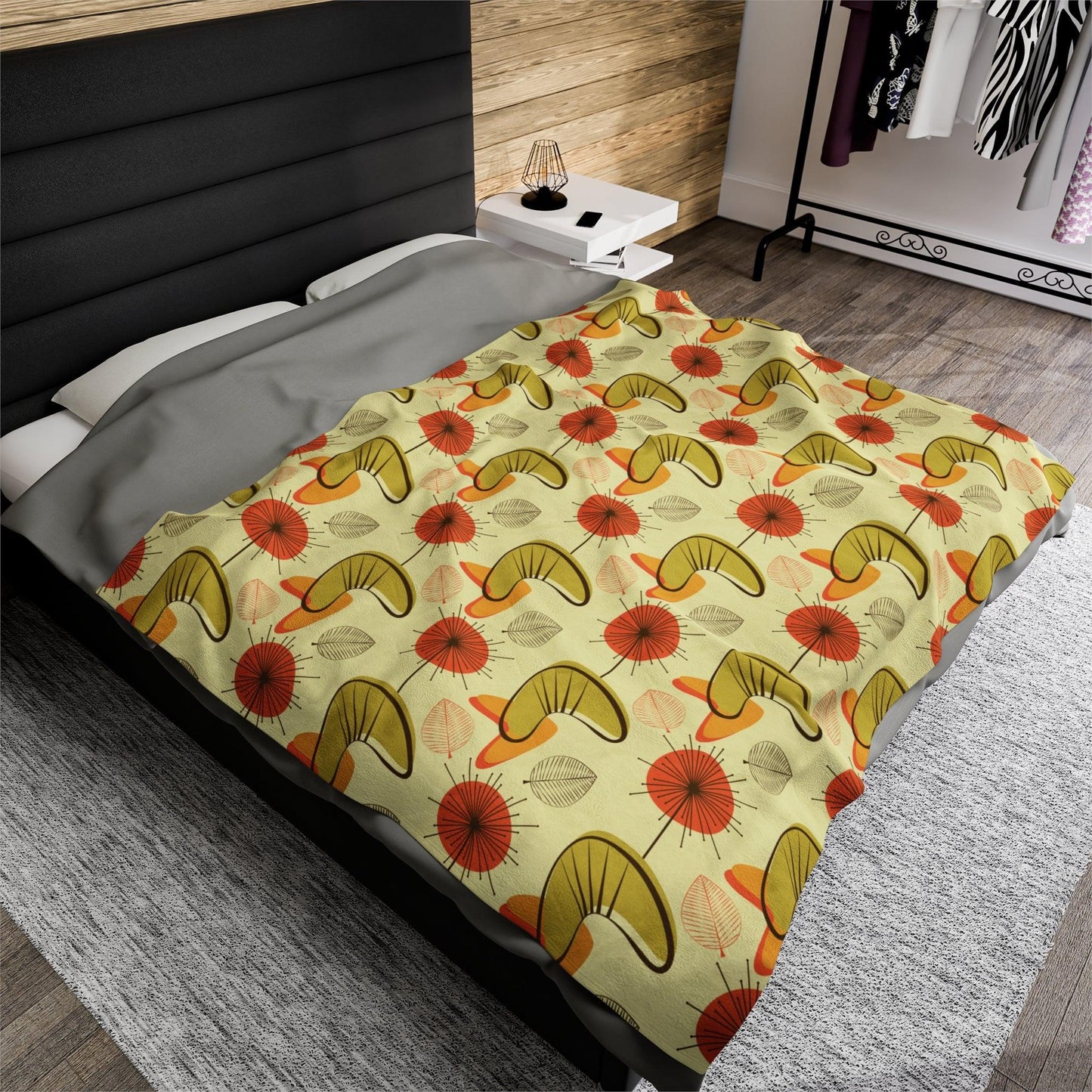 Retro Atomic Boomerangs & Leaves MCM Orange, Green & Yellow Lightweight Velveteen Blanket | lovevisionkarma.com