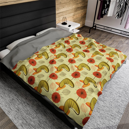 Retro Atomic Boomerangs & Leaves MCM Orange, Green & Yellow Lightweight Velveteen Blanket | lovevisionkarma.com