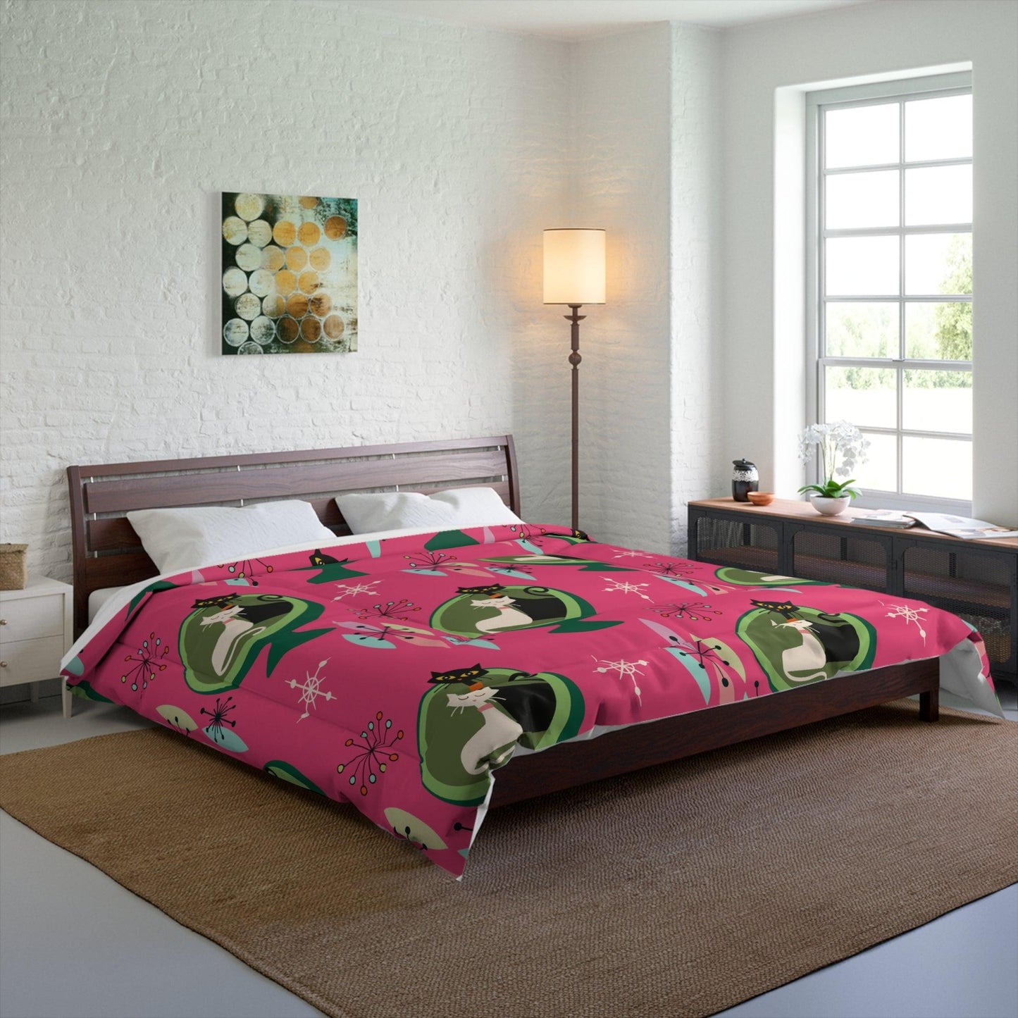 Retro 50s Atomic Cat Couple in Ball Chair Mid Century Mod Pink & Green Comforter | lovevisionkarma.com