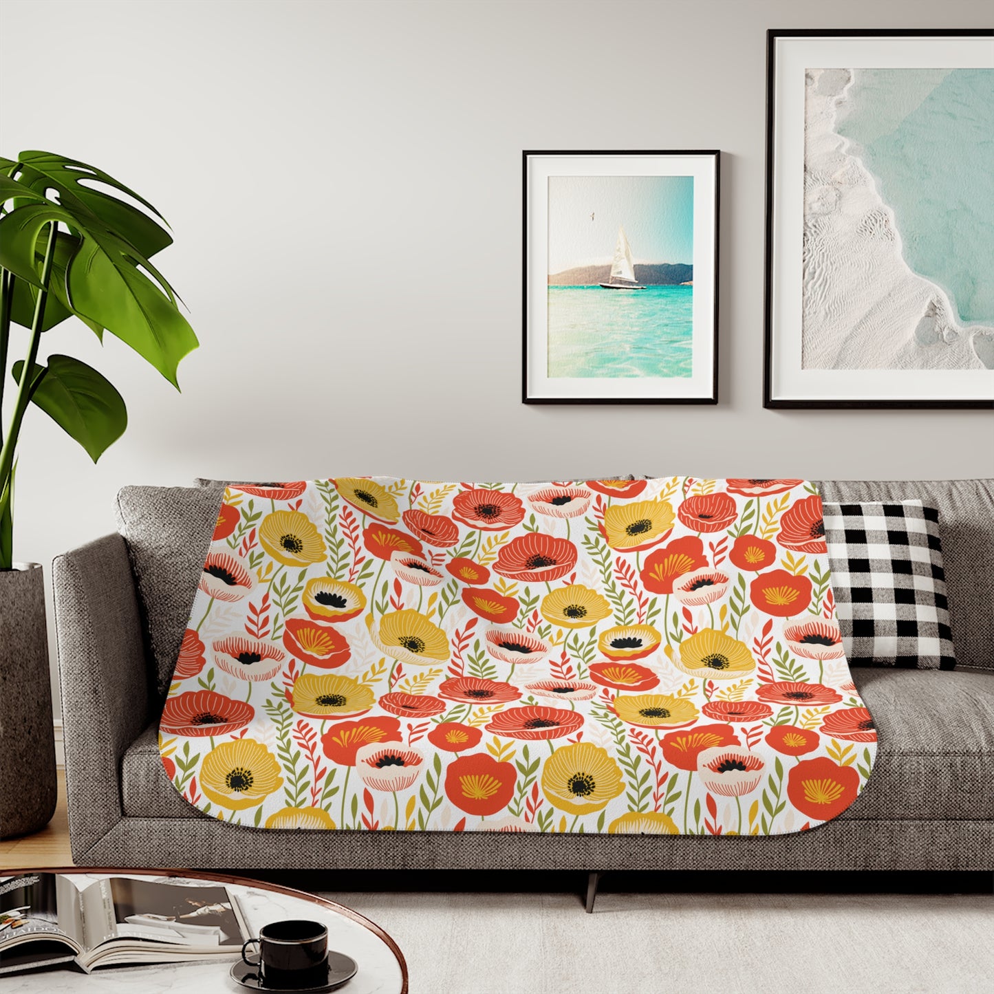 Retro 60's Mid Century Mod Poppies Floral Cottagecore Yellow, Orange & Green Sherpa Blanket