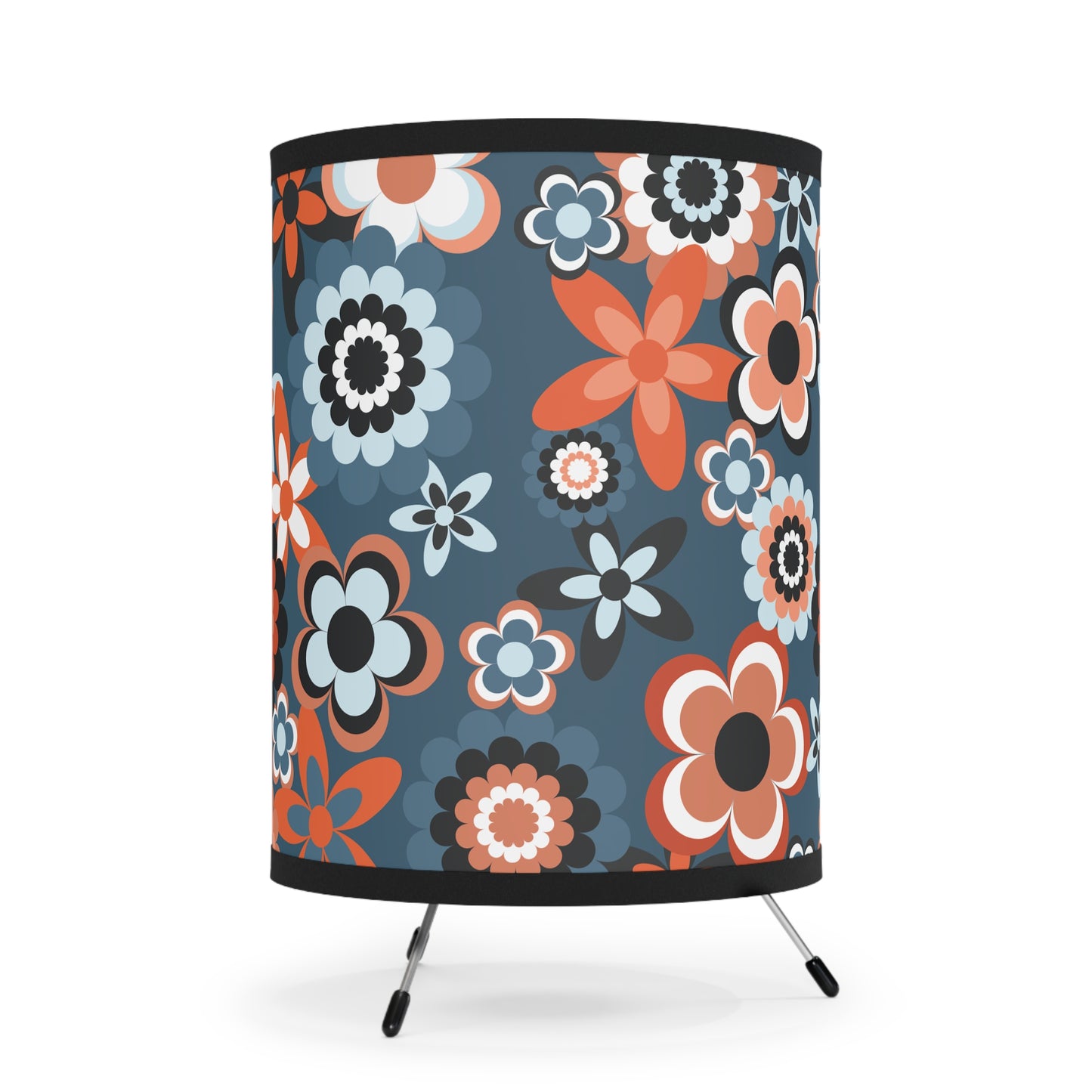 Retro 60s 70s Groovy Flowers Mid Century Mod Coral & Blue Tripod Accent Lamp