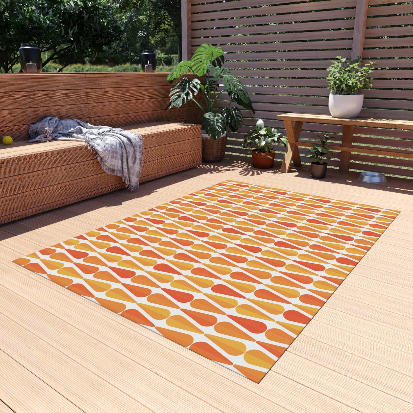 Retro 60s 70s Mid Century Modern Geometric Orange and Yellow Anti-Slip Indoor/Outdoor Accent Rug