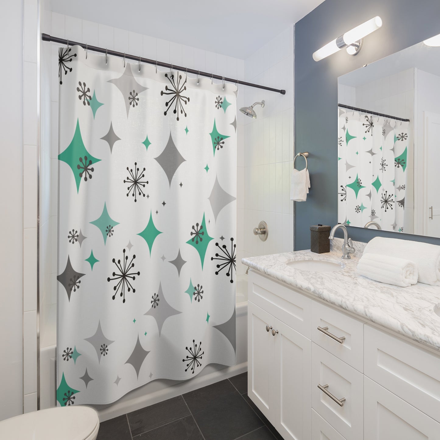 Retro Starbursts 50s Mid Century Mod Teal Green and Gray Shower Curtain