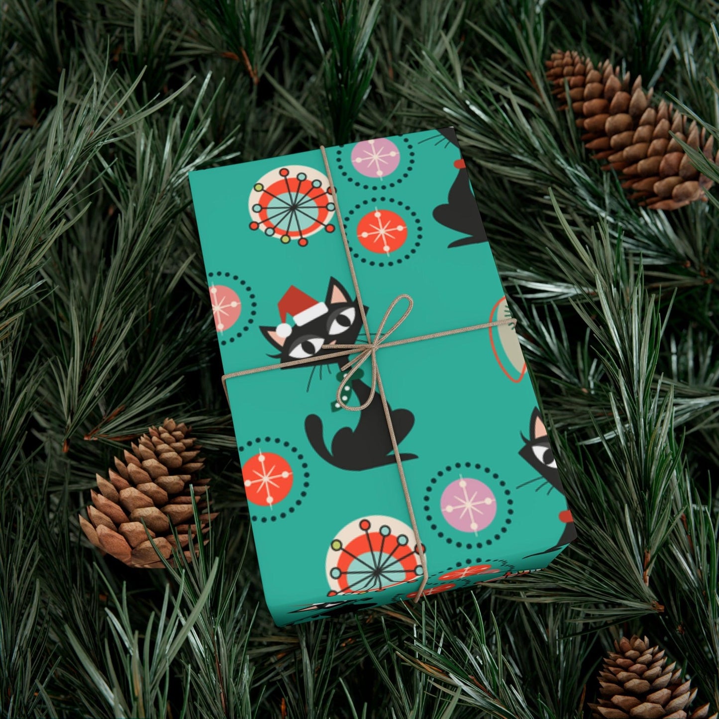 Retro 50's Atomic Cat Christmas Kitschy Mid Century Modern Teal Blue Eco-Friendly Wrapping Paper | lovevisionkarma.com