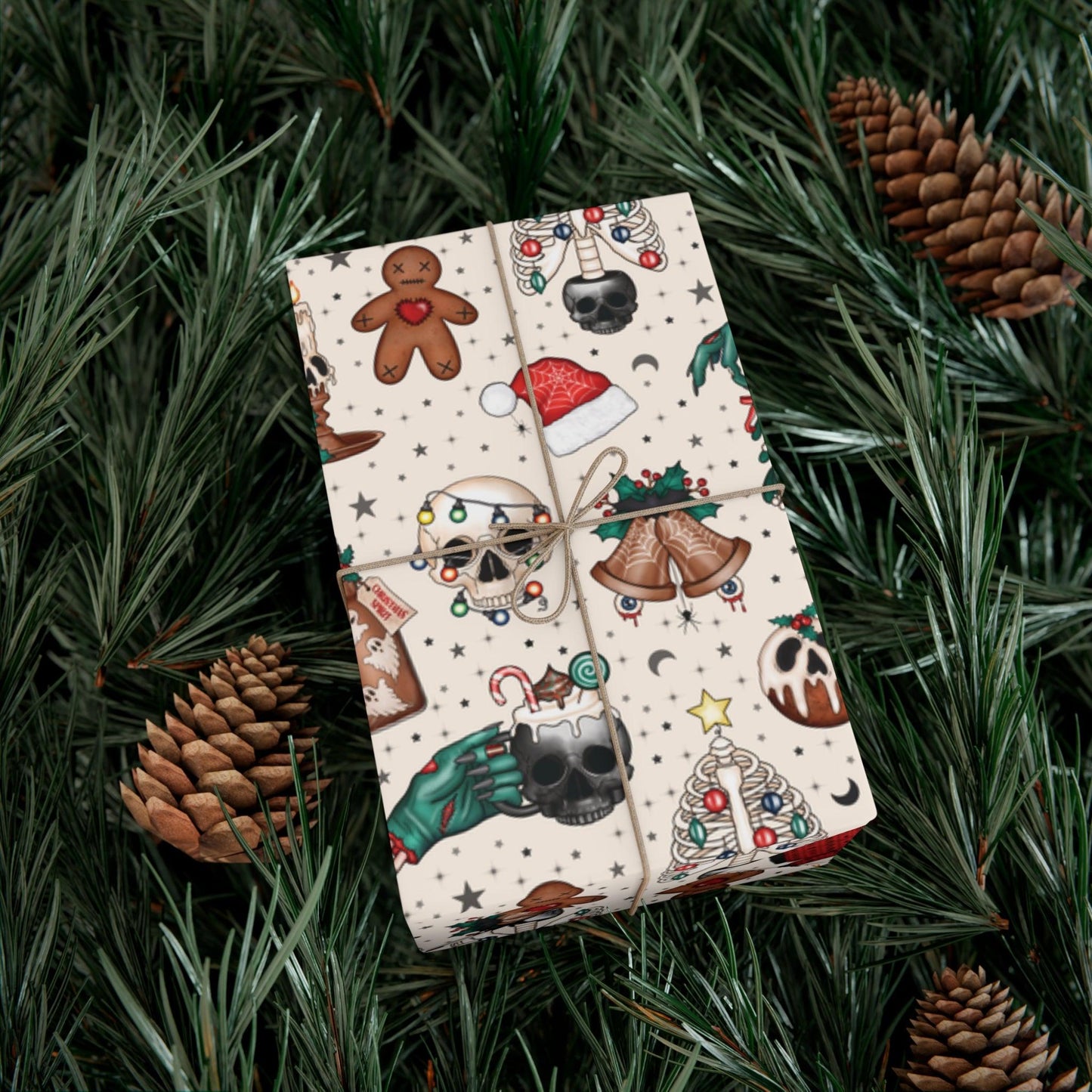Goth Christmas Kitsch Skulls, Cats & Zombie Hands Multicolor Eco-Friendly Gift Wrap Paper | lovevisionkarma.com