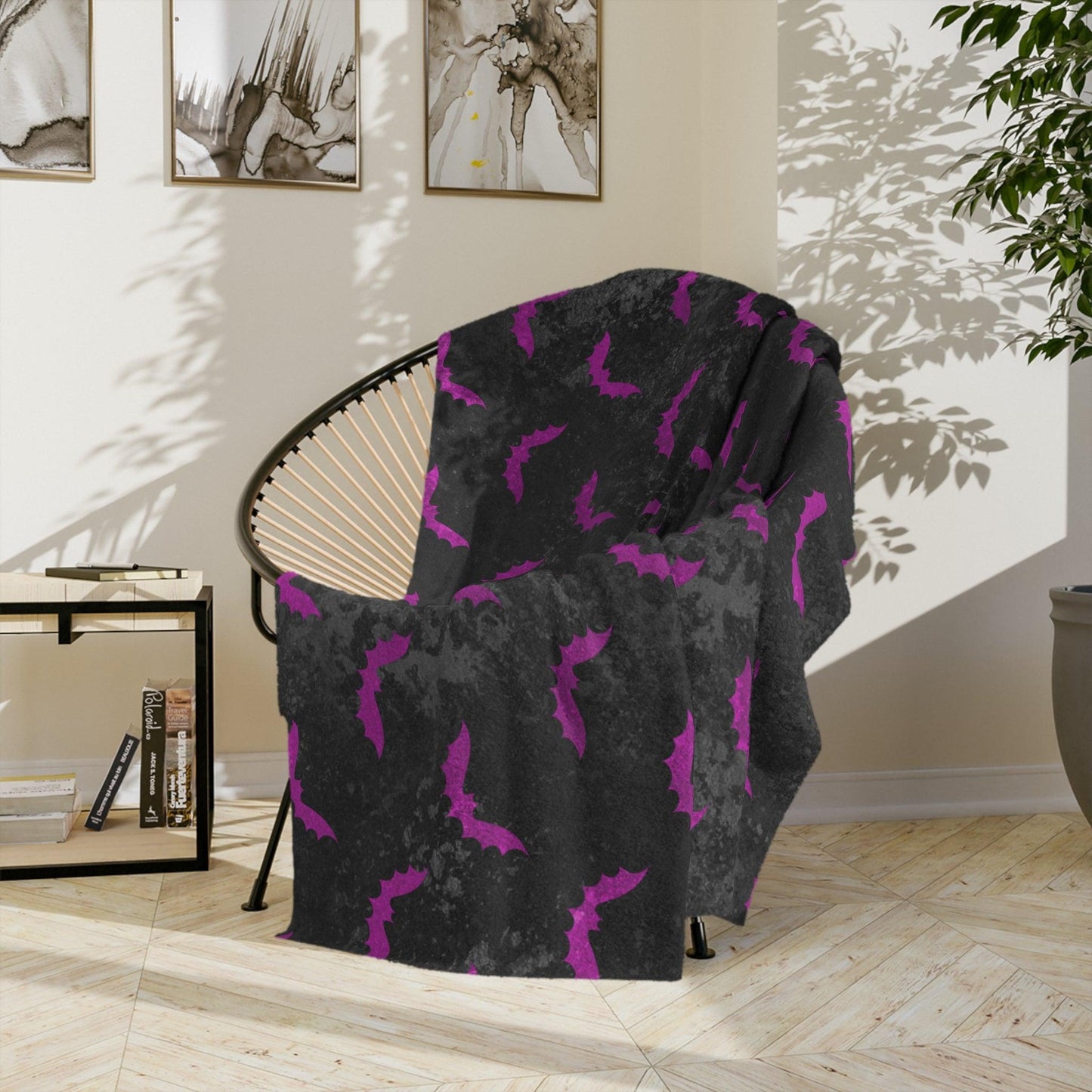 Purple Bats Creepy Halloween Distressed Black Velveteen Minky Blanket | lovevisionkarma.com