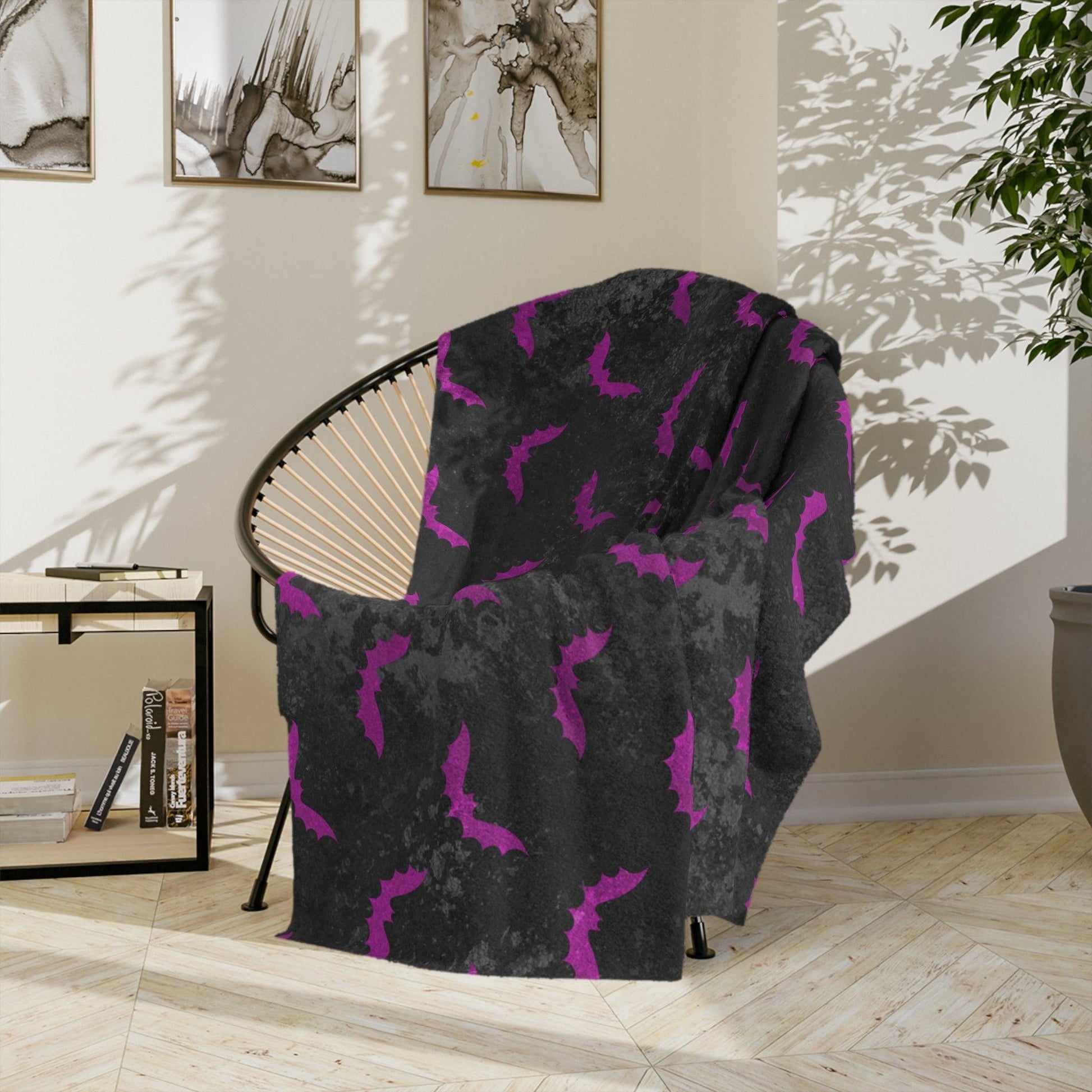 Purple Bats Creepy Halloween Distressed Black Velveteen Minky Blanket | lovevisionkarma.com