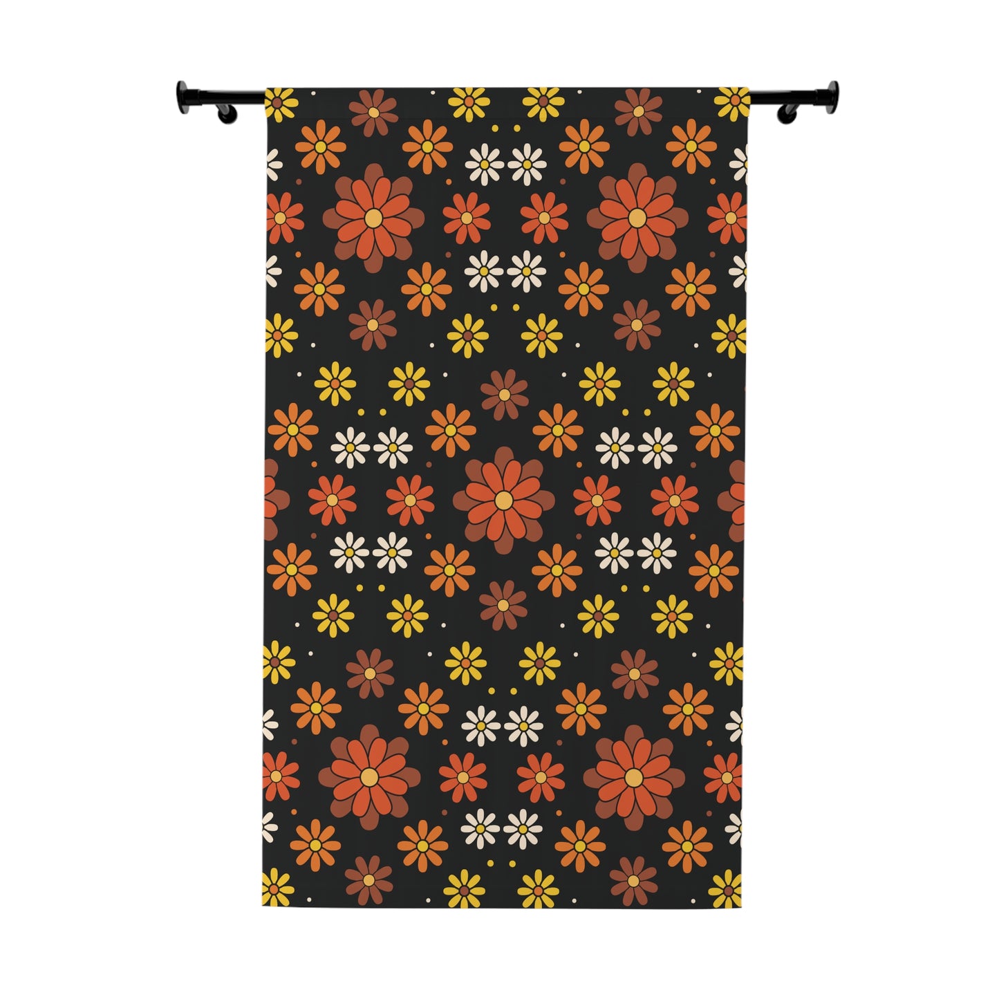 Retro 60s 70s Groovy Mod Daisy Floral Mid Century Black, Brown & Orange Blackout Window Curtain