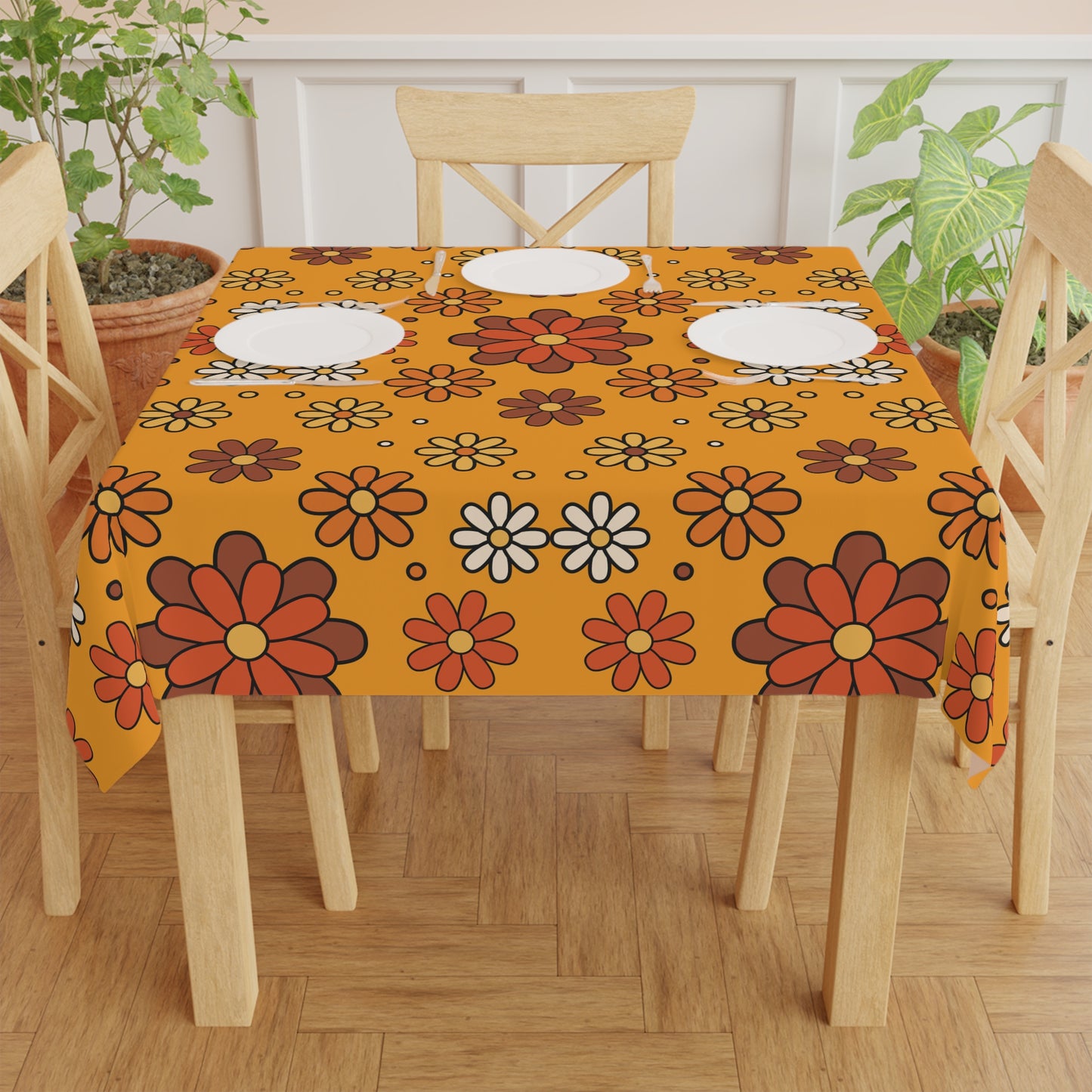 Retro 60s 70s Groovy Mod Daisy Mid Century Modern Brown, Orange & Mustard Tablecloth