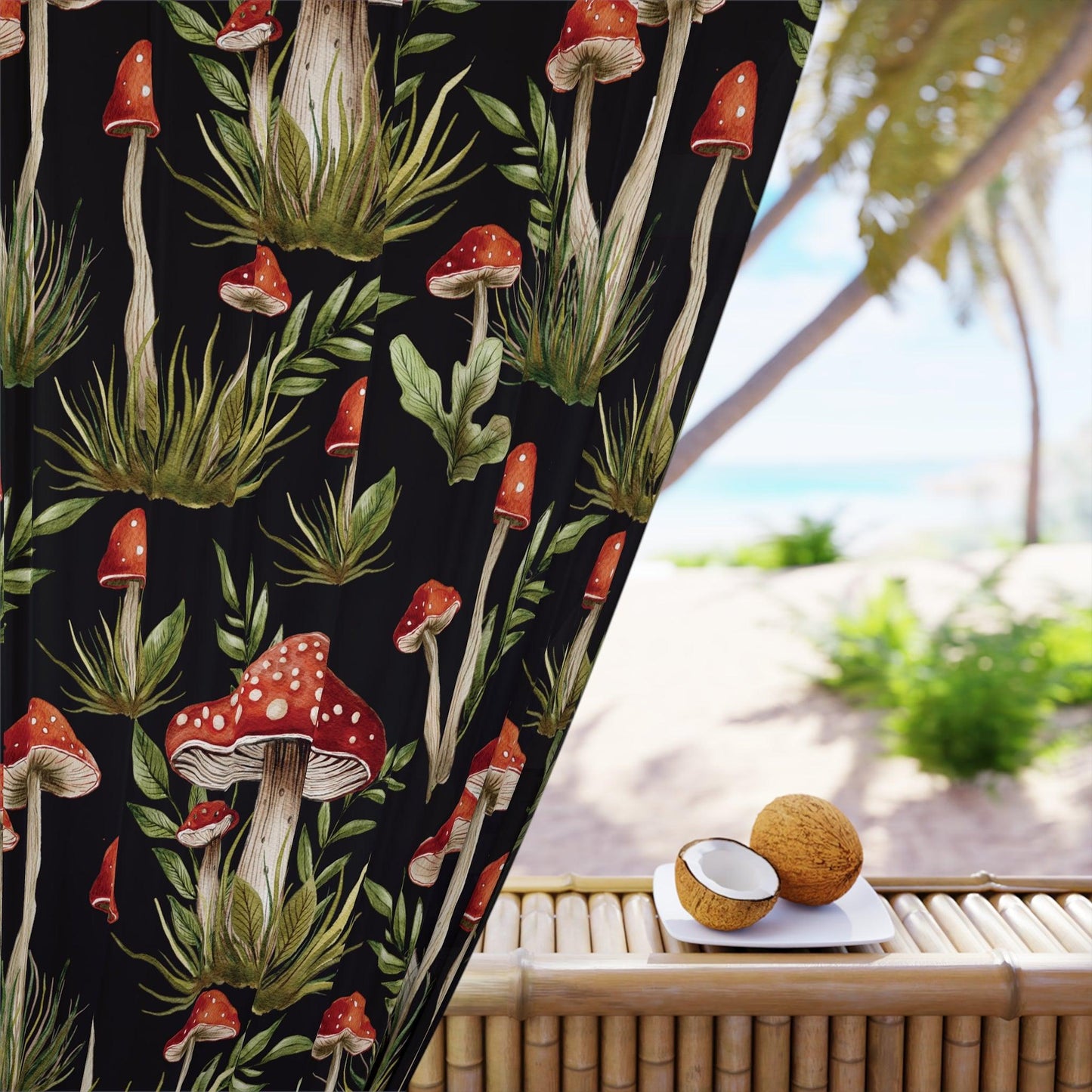 Amanita Muscaria Mushroom, Dark Cottagecore Watercolor Black, Red & Green Blackout Curtain Panel | lovevisionkarma.com