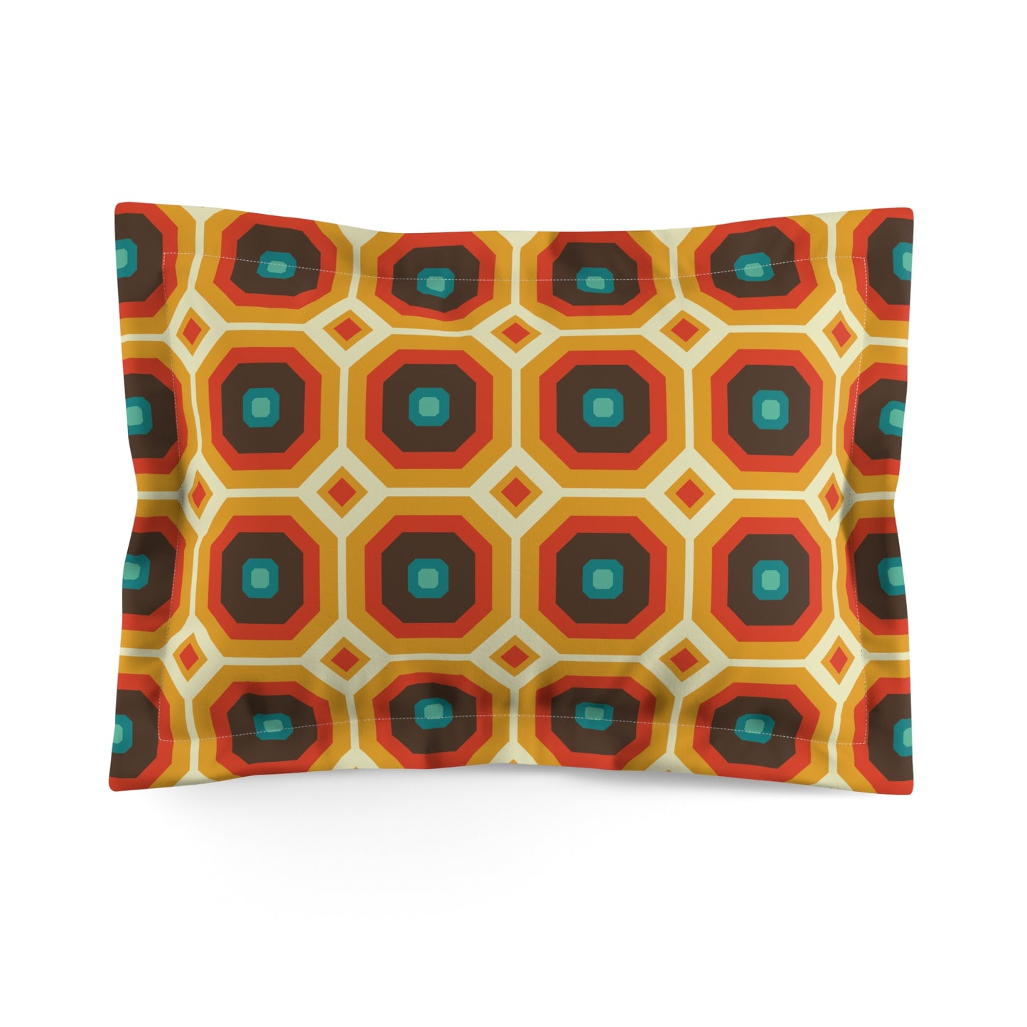 retro 60s 70s mod square geometric design on a pillow sham in browns, orange and mustard