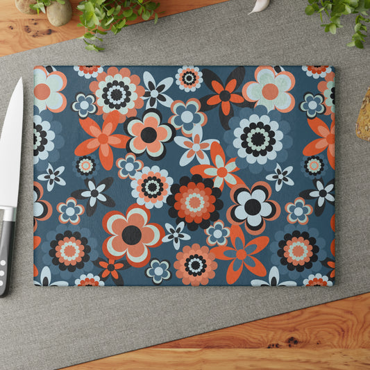 Retro 60s 70s Groovy Flowers Boho MCM Coral & Blue Glass Cutting Board