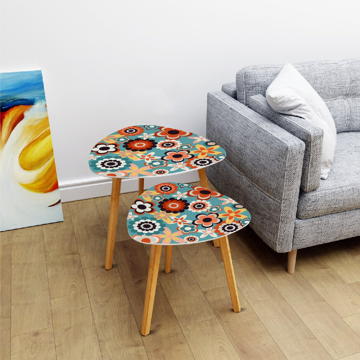 Retro 60s 70s Groovy Flowers Boho MCM Blue, Coral & Yellow Nesting Accent Tables
