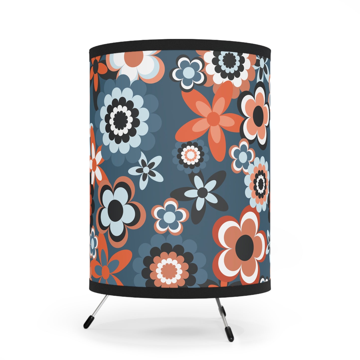 Retro 60s 70s Groovy Flowers Mid Century Mod Coral & Blue Tripod Accent Lamp