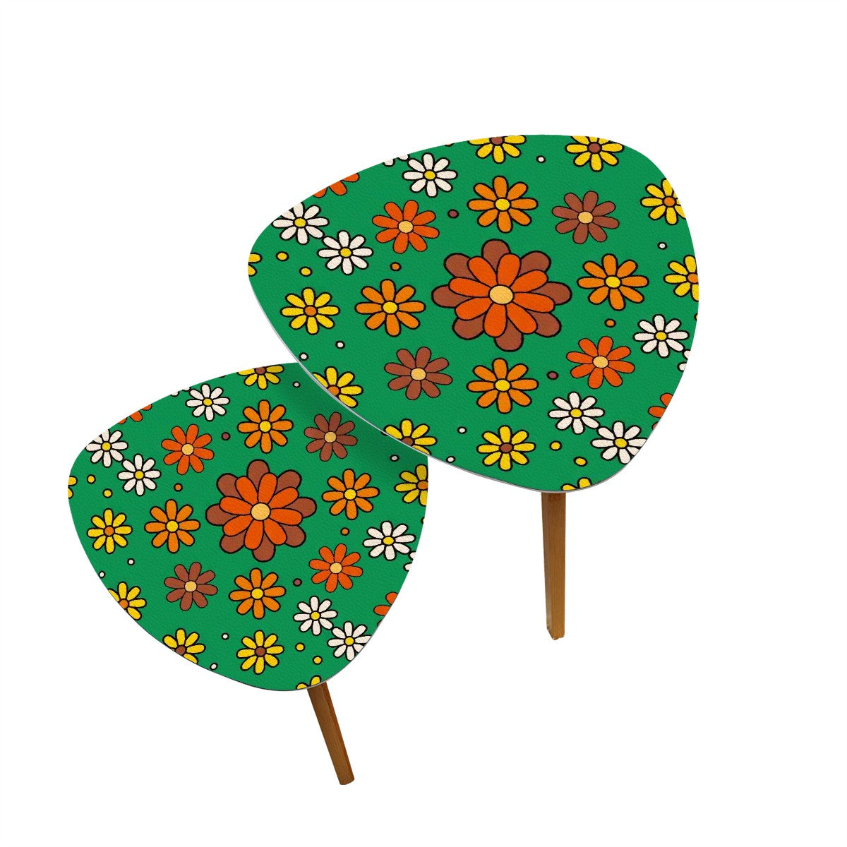 Retro 60s 70s Groovy Mod Daisy Floral Mid Century Green, Orange & Yellow Nesting Tables