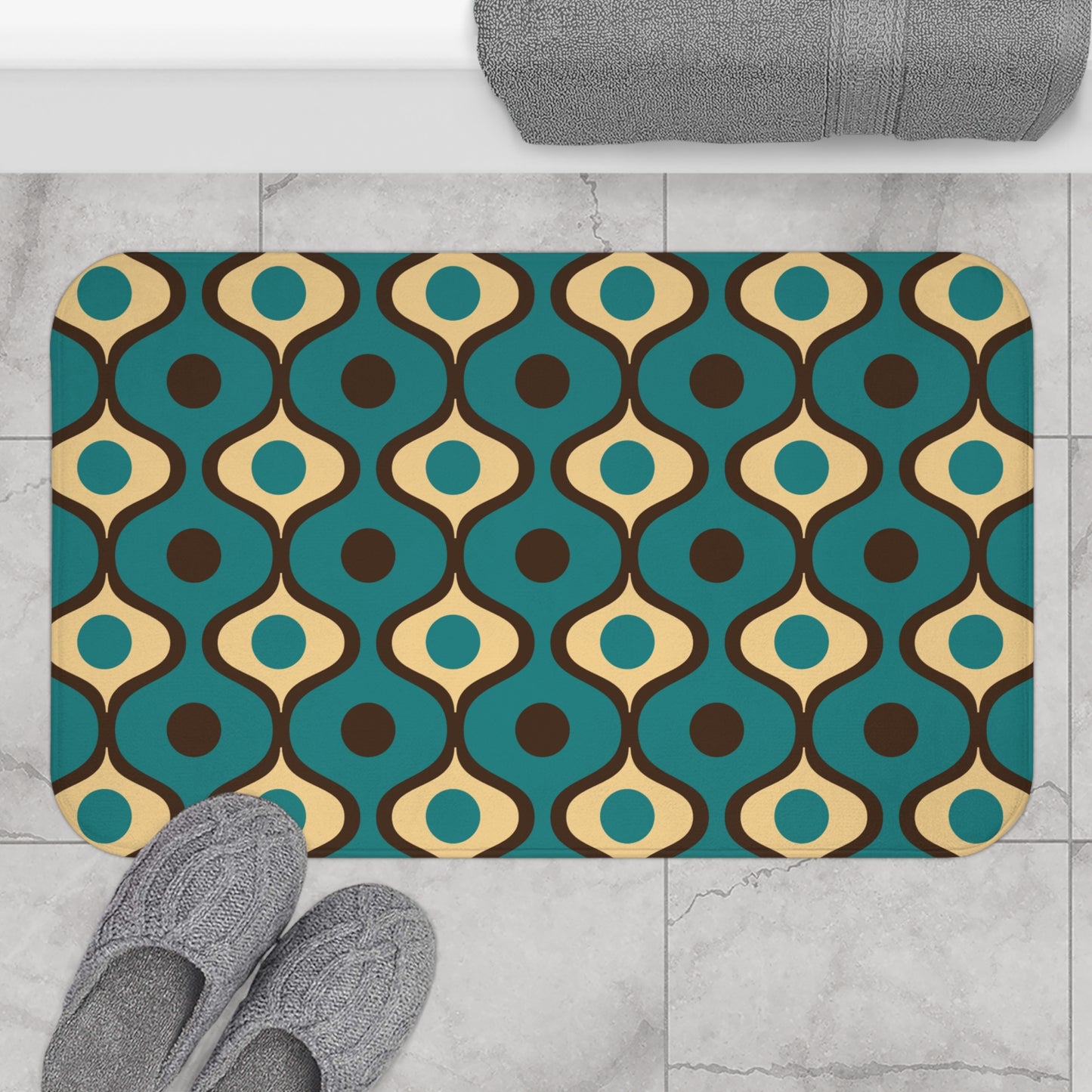 Retro 60s 70s Groovy Geometric Waves Mid Century Mod Blue & Brown Bath Mat