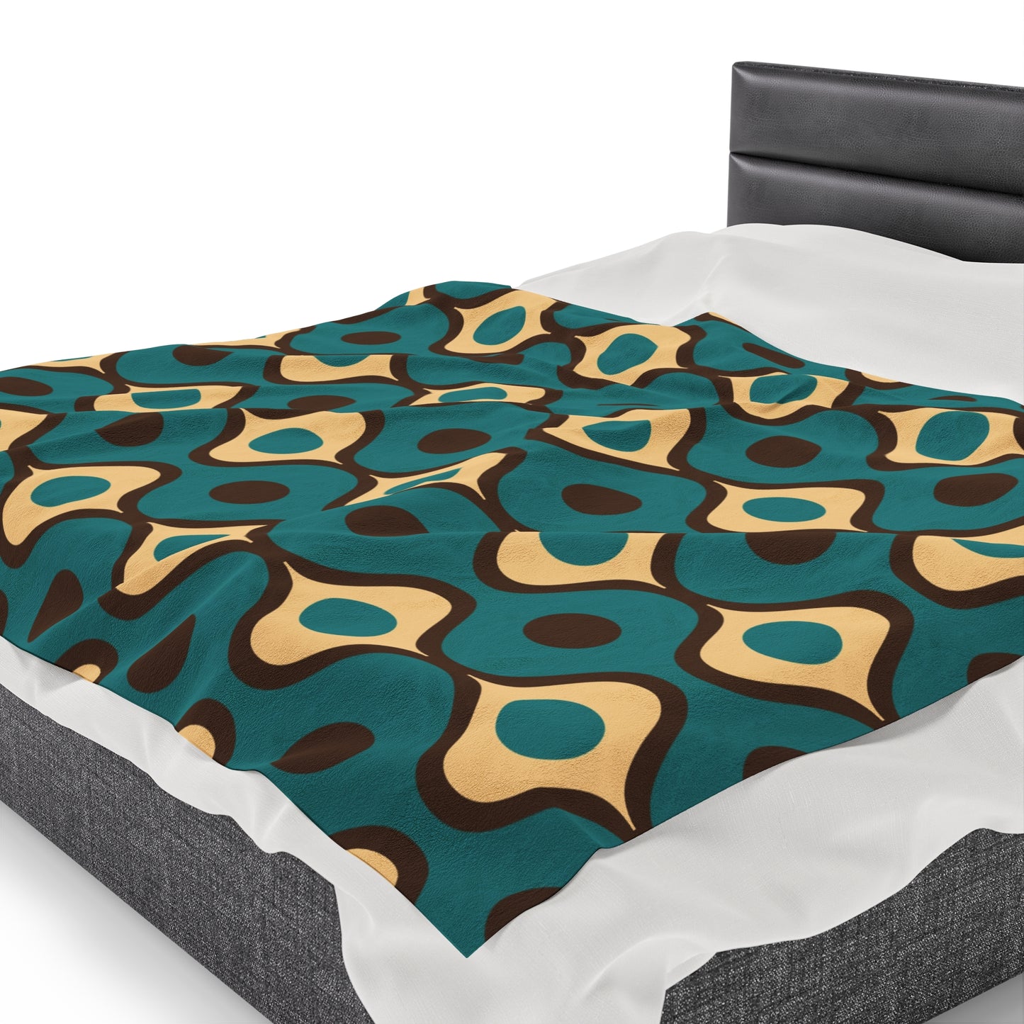 Retro 60s 70s Mid Century Mod Funky Geo Blue, Cream & Brown Lightweight Velveteen Blanket