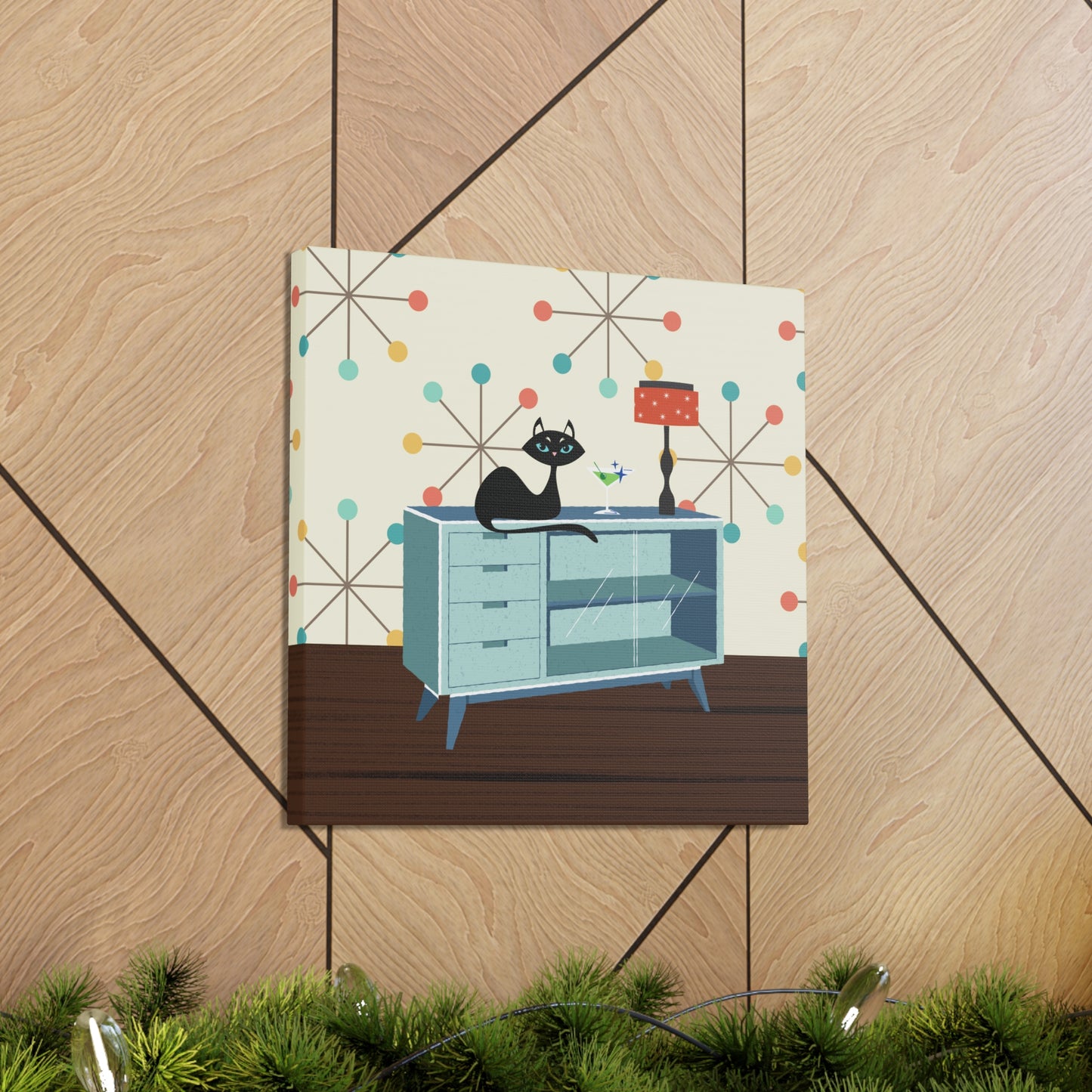 Retro 50s Atomic Cat Lounging Mid Century Mod Multicolor Canvas Gallery Wrap