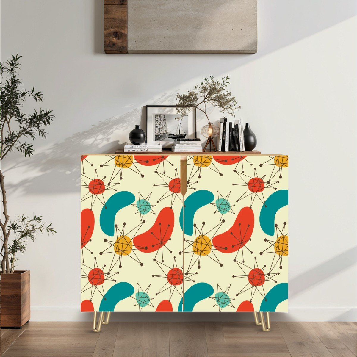 Retro 50s 60s Atomic Burst and Boomerang Mid Century Mod Blue & Orange Sideboard, Credenza, Wooden Storage Cabinet