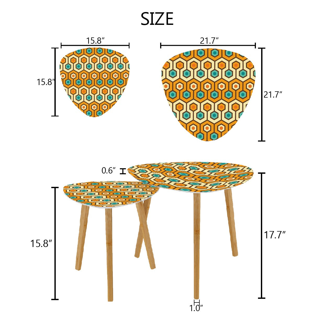Retro 60s 70s Geometric Hexagon Mid Century Mod Orange & Teal Nesting Accent Tables