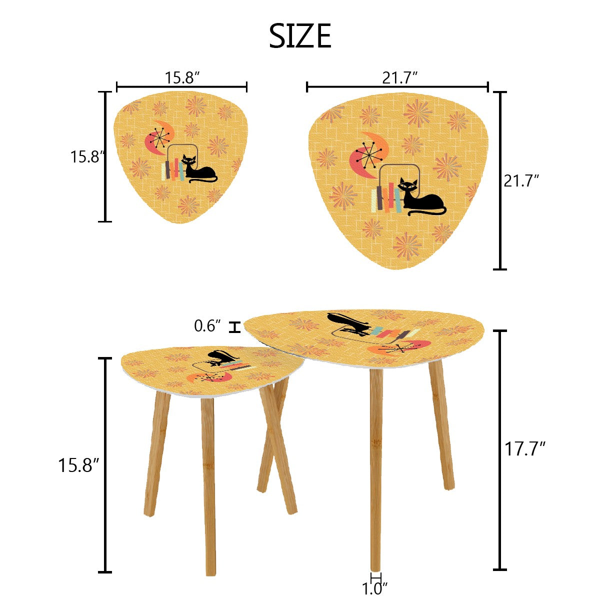 Retro Atomic Cat & 1950's Starbursts Mid Century Mod Yellow Nesting Tables