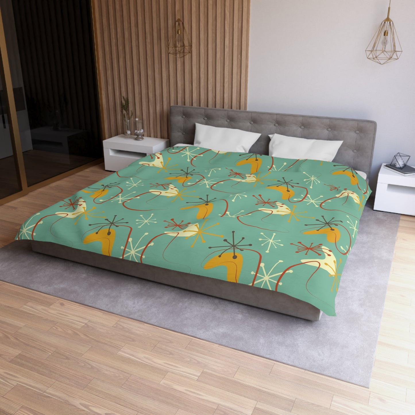 Retro Atomic Starburst & Boomerang Mid Century Blue & Mustard Duvet Cover