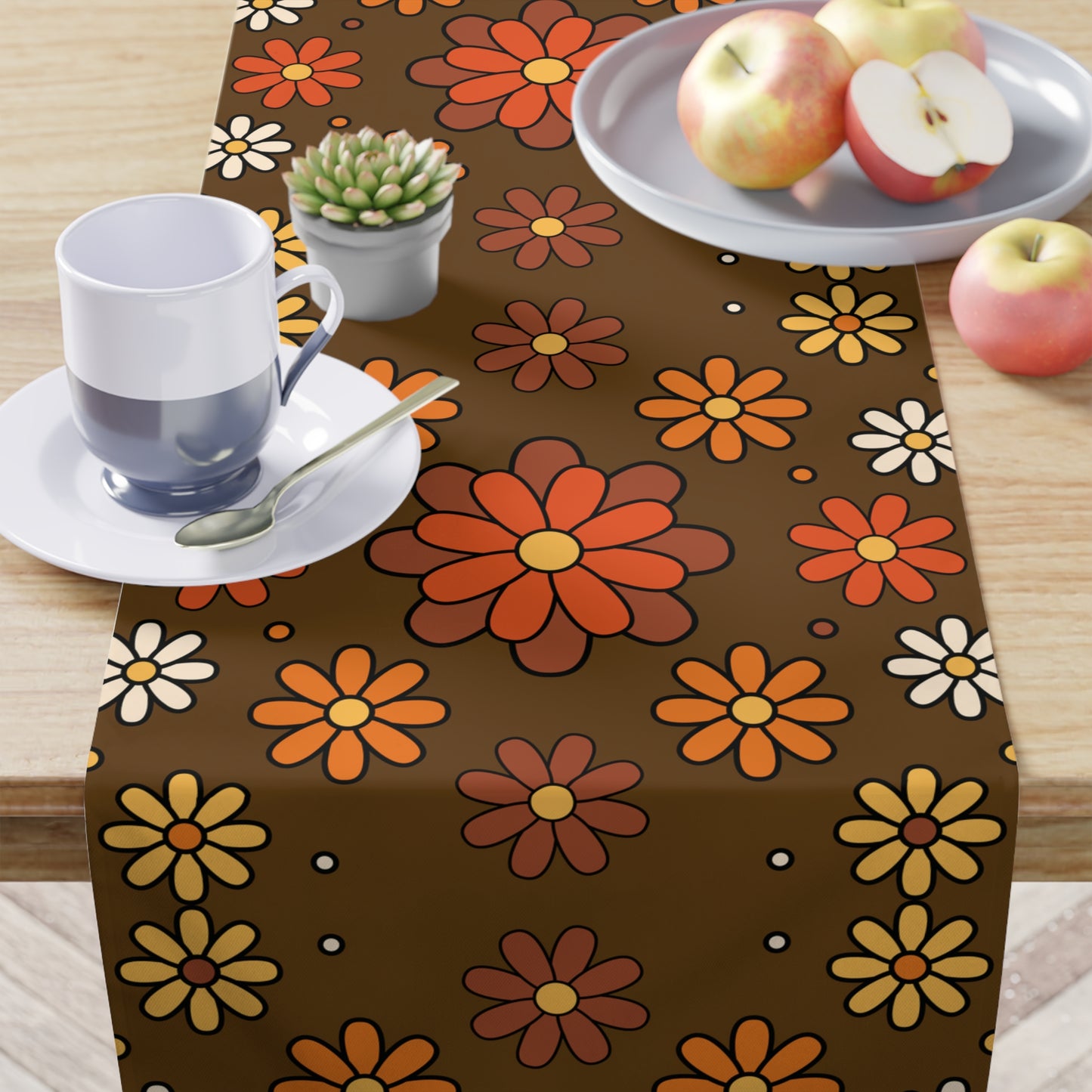Retro 60s 70s Groovy Mod Daisy, Floral Mid Century Brown & Orange Table Runner