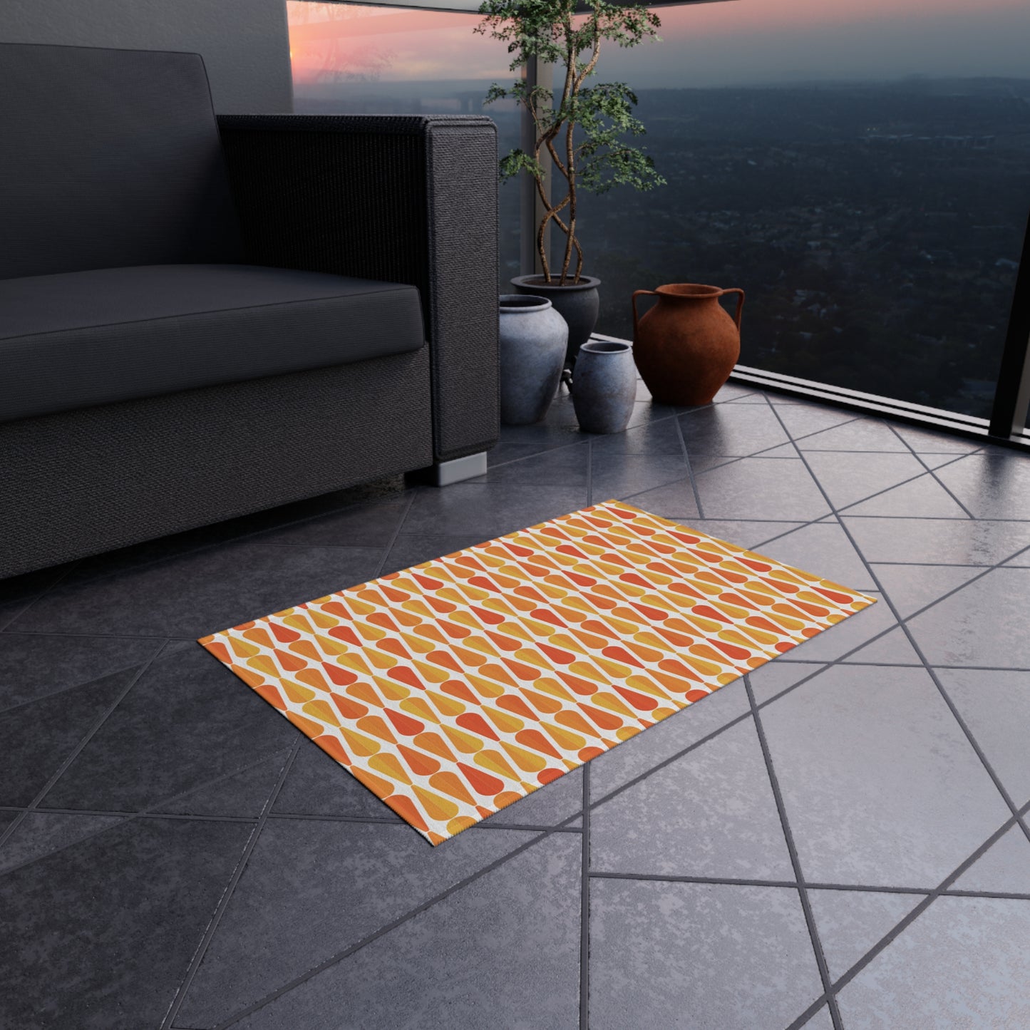 Retro 60s 70s Mid Century Modern Geometric Orange and Yellow Anti-Slip Indoor/Outdoor Accent Rug