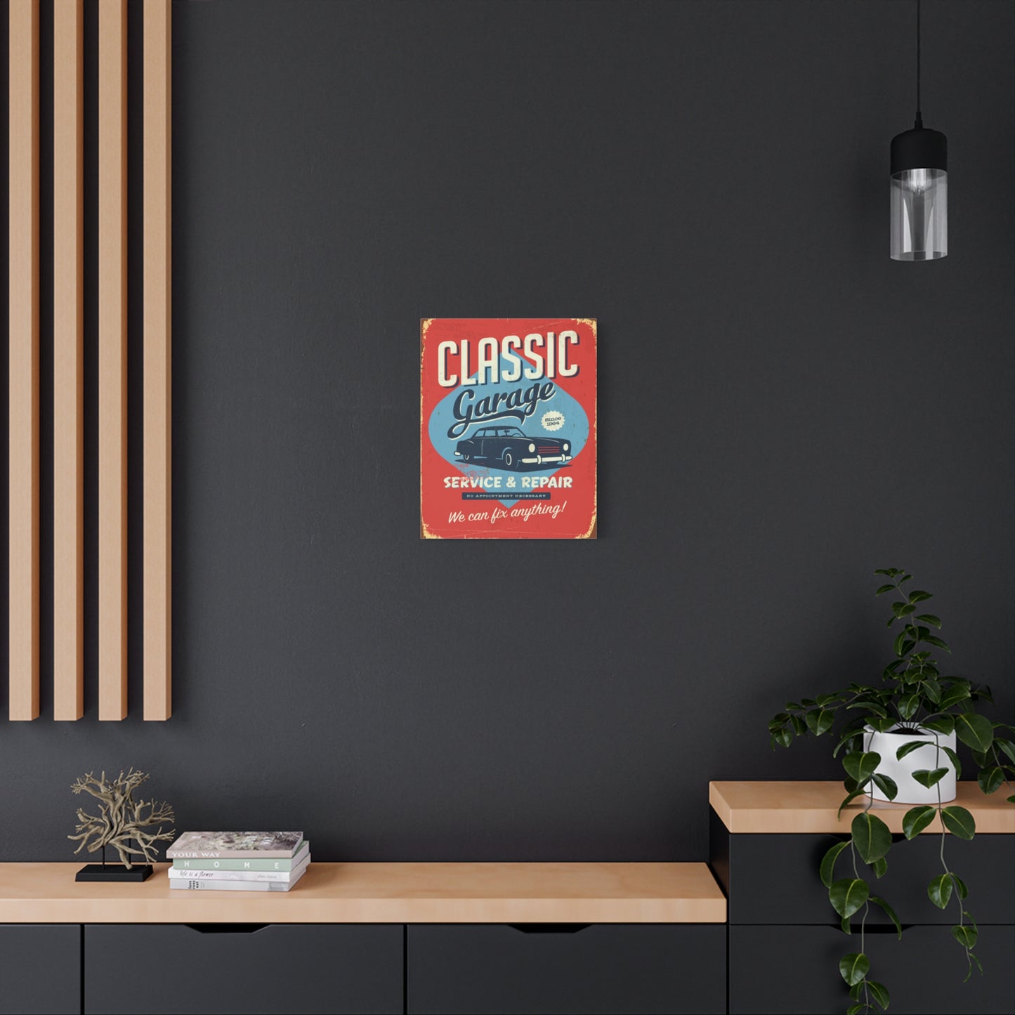 Retro 1950's Classic Car Garage Sign Mid Century Modern Orange & Blue Canvas Wall Art