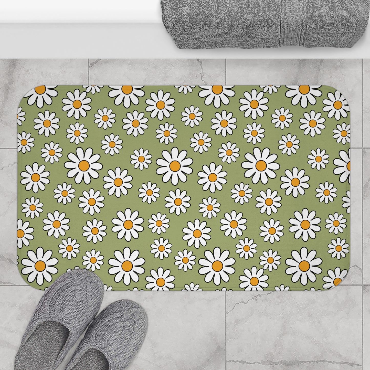 Retro 60's Daisy Sage Green MCM Boho Bath Mat