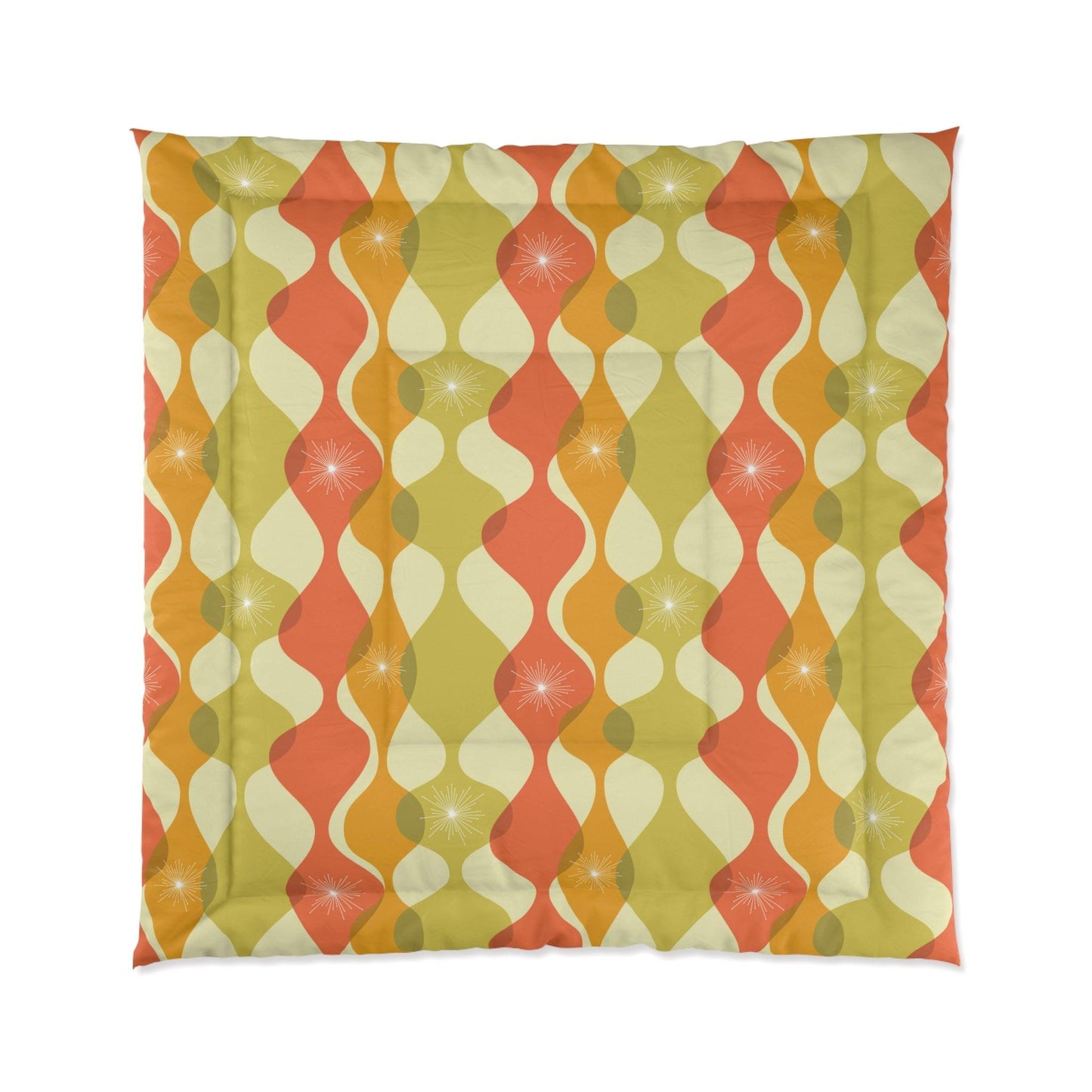 Retro 60s 70s Mid Century Mod Groovy Abstract Green, Orange & Mustard Comforter | lovevisionkarma.com