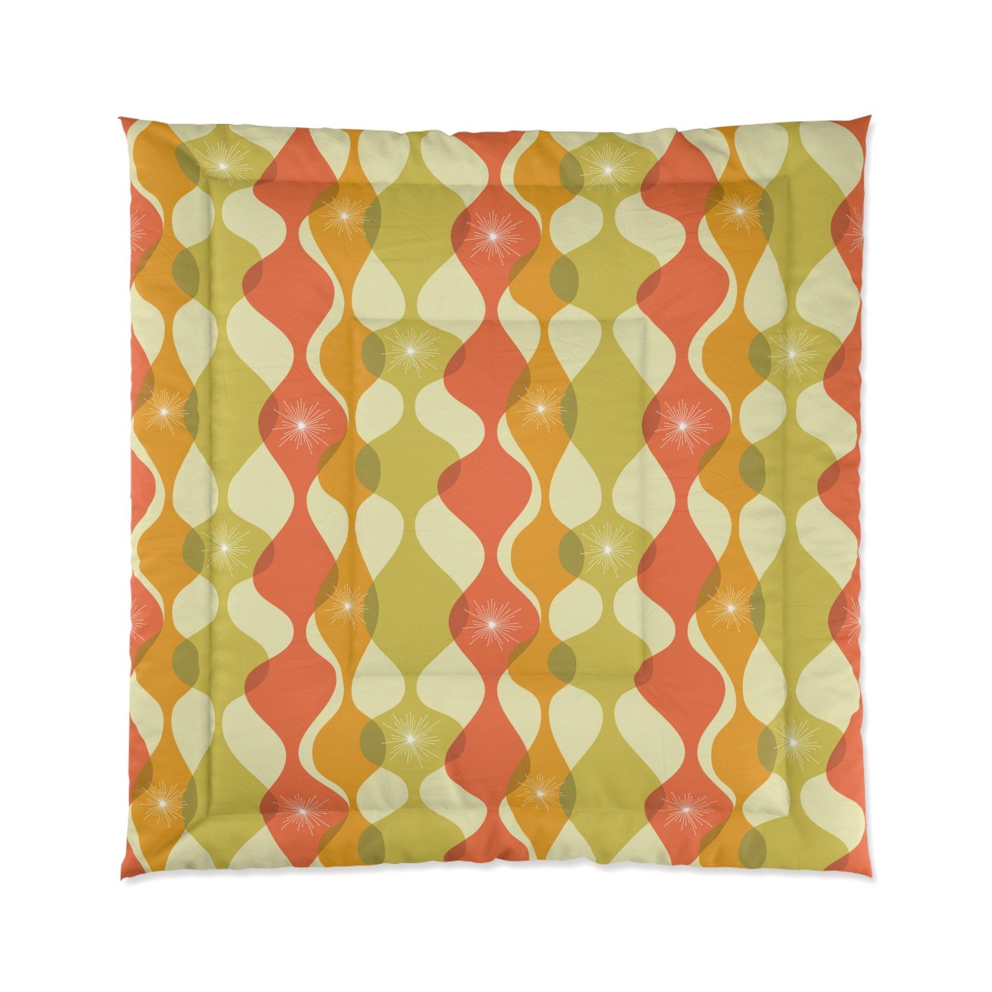 Retro 60s 70s Mid Century Mod Groovy Abstract Green, Orange & Mustard Comforter | lovevisionkarma.com