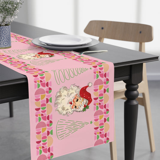 Vintage Santa Retro MCM Pink Christmas Table Runner