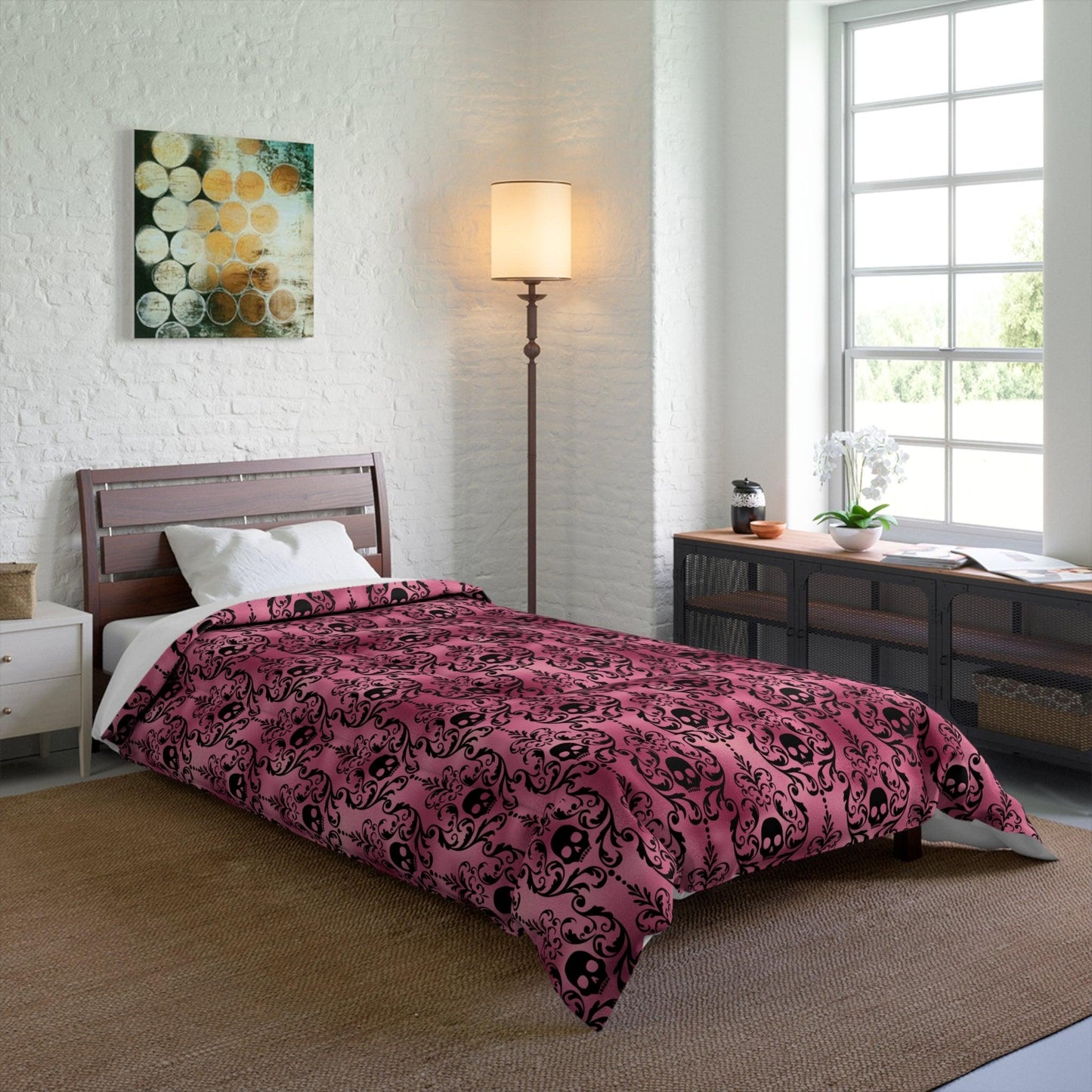 Goth Black Skull Damask Halloween Glam Goth Pink Comforter | lovevisionkarma.com