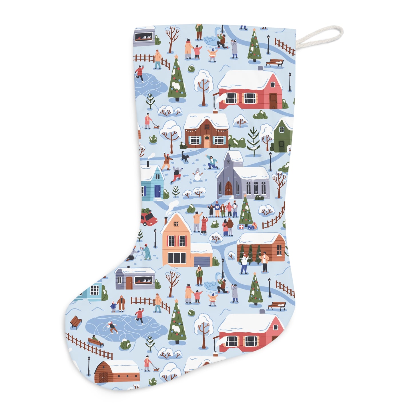 Small Town Christmas Village, Retro Vintage Winter Scene, Multicolor Christmas Stocking