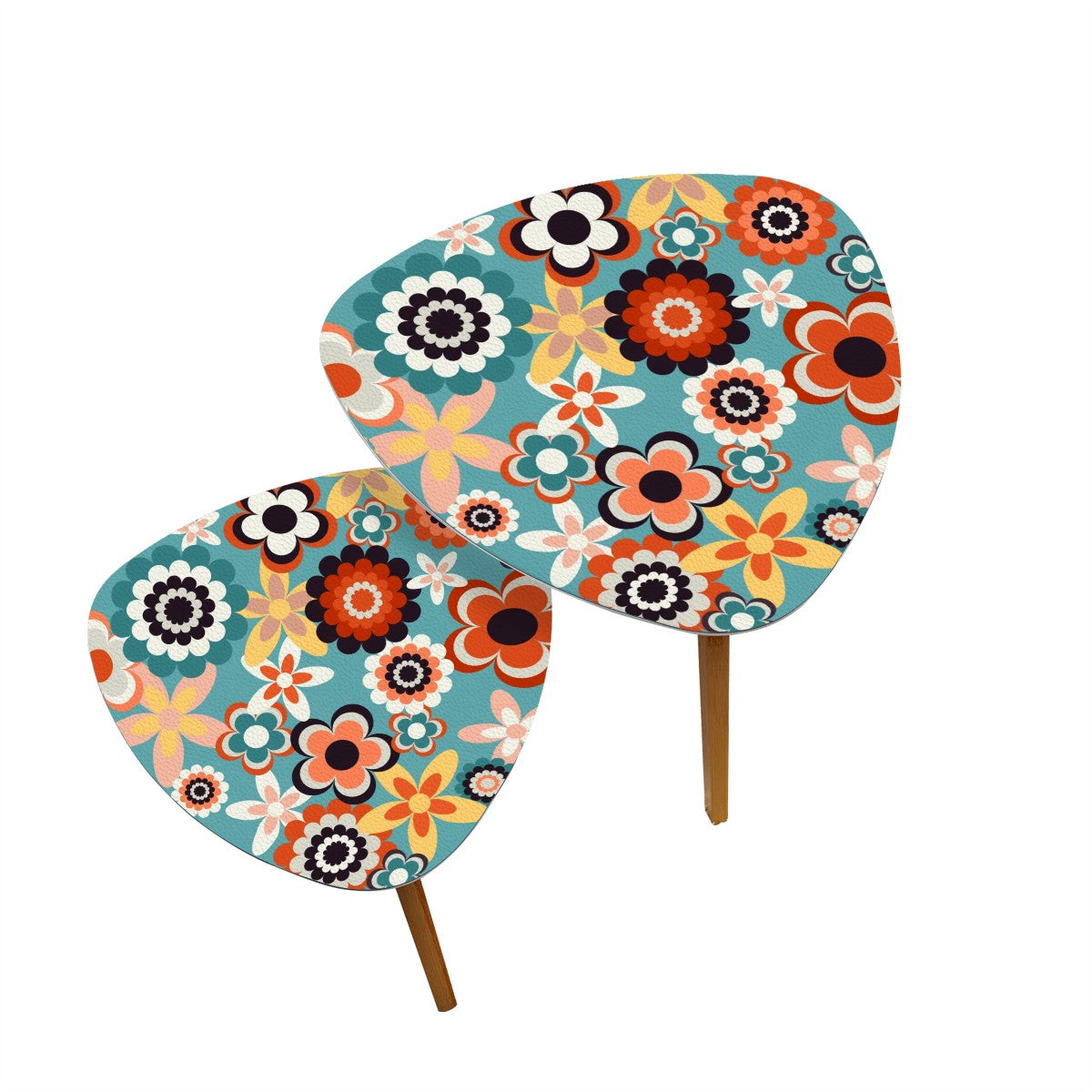 Retro 60s 70s Groovy Flowers Boho MCM Blue, Coral & Yellow Nesting Accent Tables